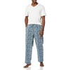 Amazon Essentials Men’s Cotton Stretch Poplin Pant with Cotton Jersey T-Shirt Pajama Set(Blue Palm Leaf/White)