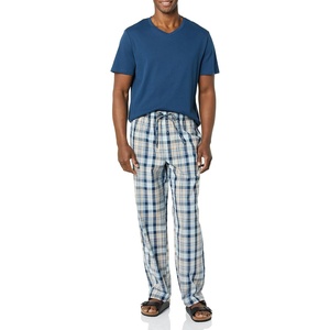 Amazon Essentials Men’s Cotton Stretch Poplin Pant with Cotton Jersey T-Shirt Pajama Set(Indigo/Navy Plaid)