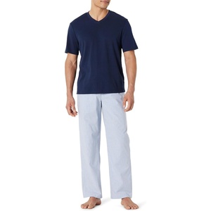 Amazon Essentials Men’s Cotton Stretch Poplin Pant with Cotton Jersey T-Shirt Pajama Set(Navy/Thin Stripe)