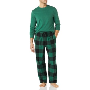 Amazon Essentials Men’s Flannel Pant and Long-Sleeve T-Shirt Pajama Set(Green/Buffalo Plaid)