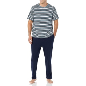 Amazon Essentials Men’s Super Soft Modal Cotton Pajama Set, T-Shirt and Full-Length Bottoms Loungewear(Black Navy Mix Stripe)