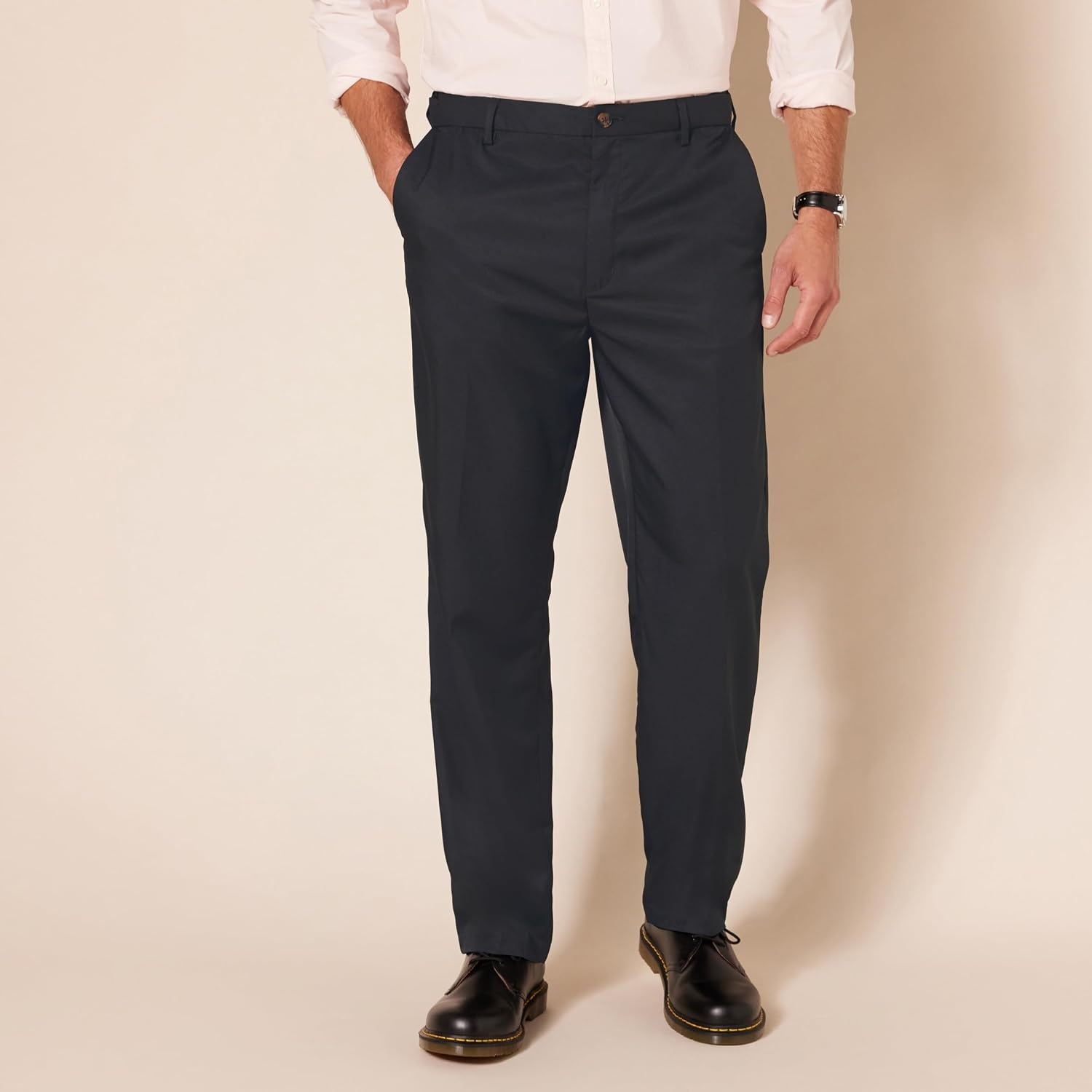 image:imageAmazon Essentials Mens ClassicFit ExpandableWaist FlatFront Dress PantsBlack