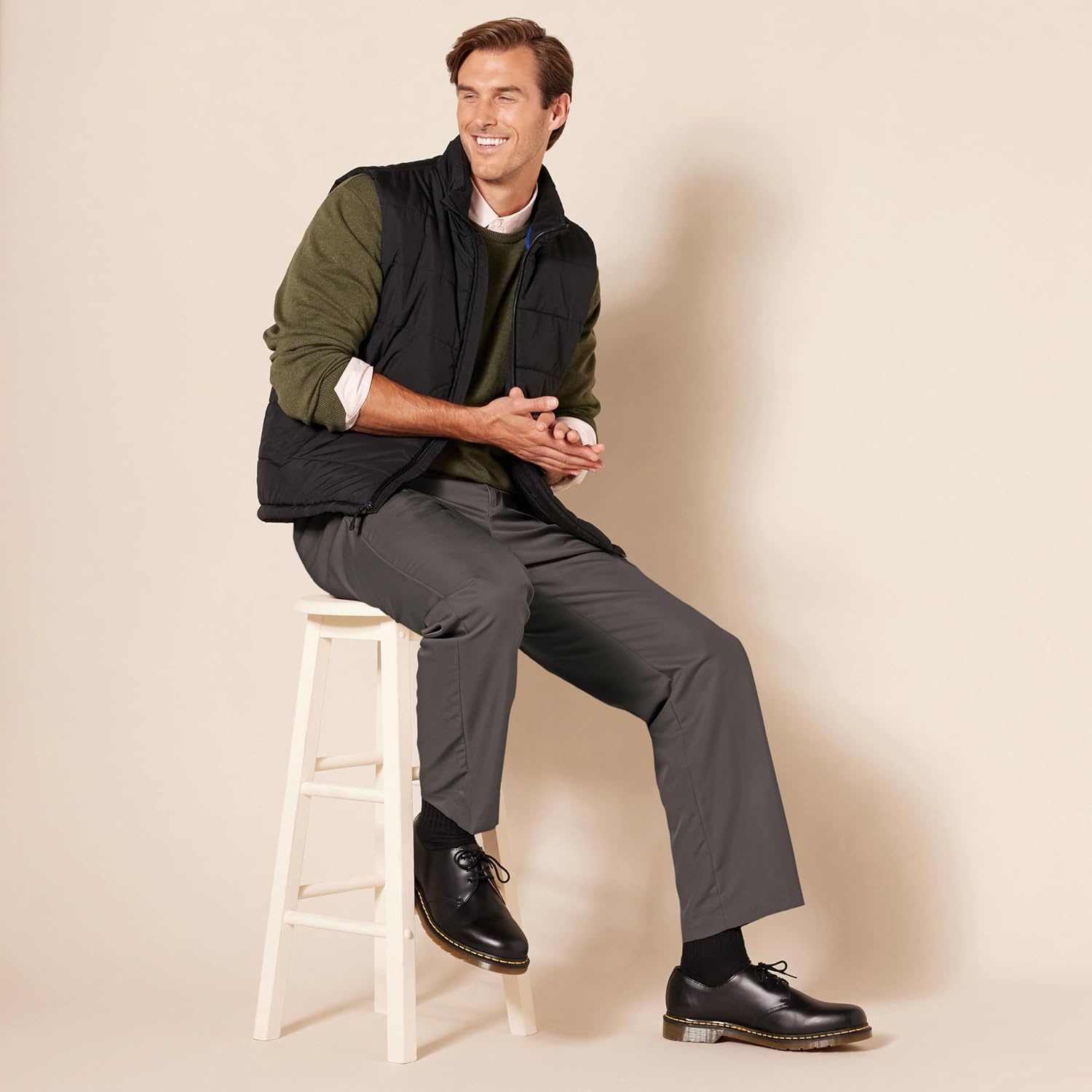 image:imageAmazon Essentials Mens ClassicFit ExpandableWaist FlatFront Dress PantsDark Grey