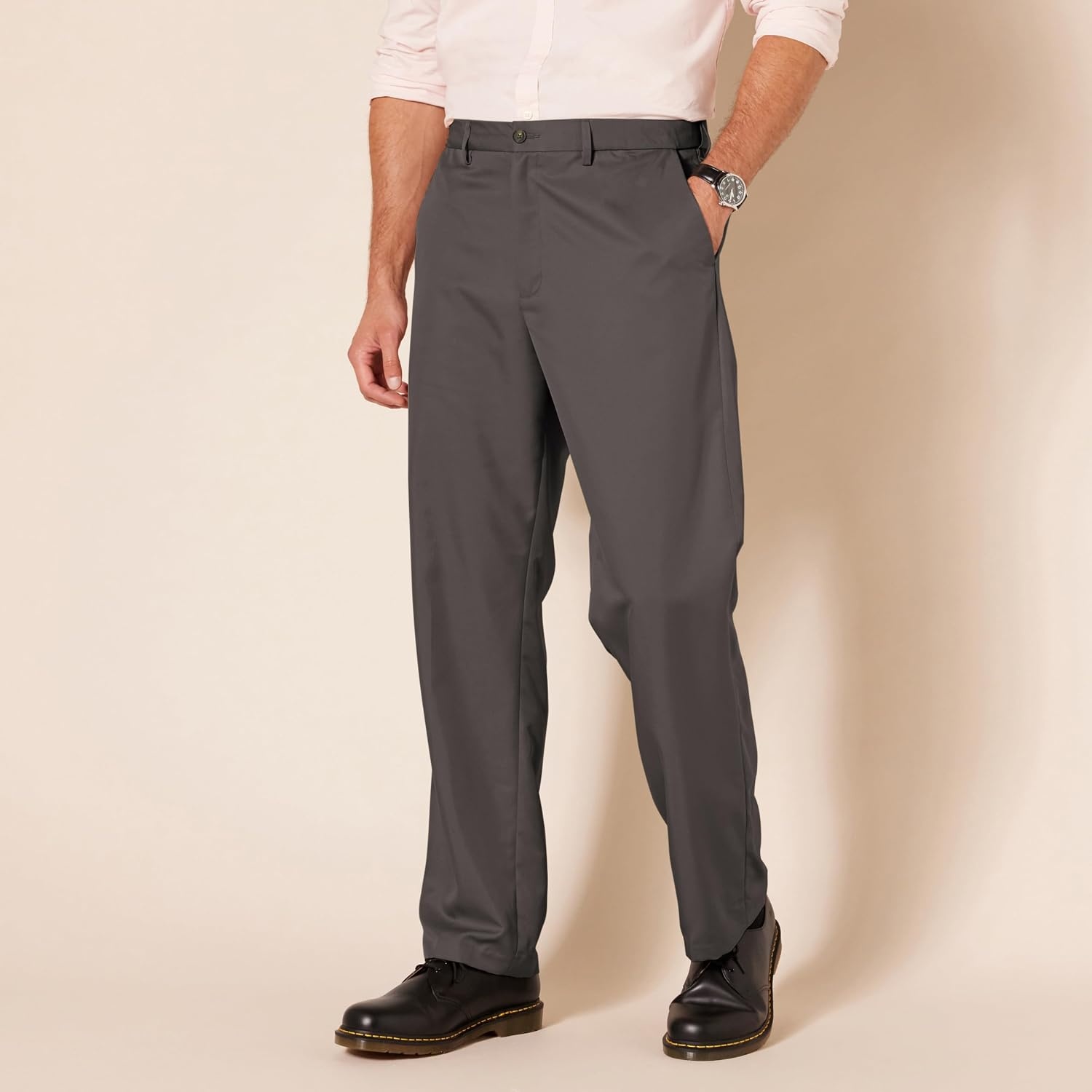 image:imageAmazon Essentials Mens ClassicFit ExpandableWaist FlatFront Dress PantsDark Grey