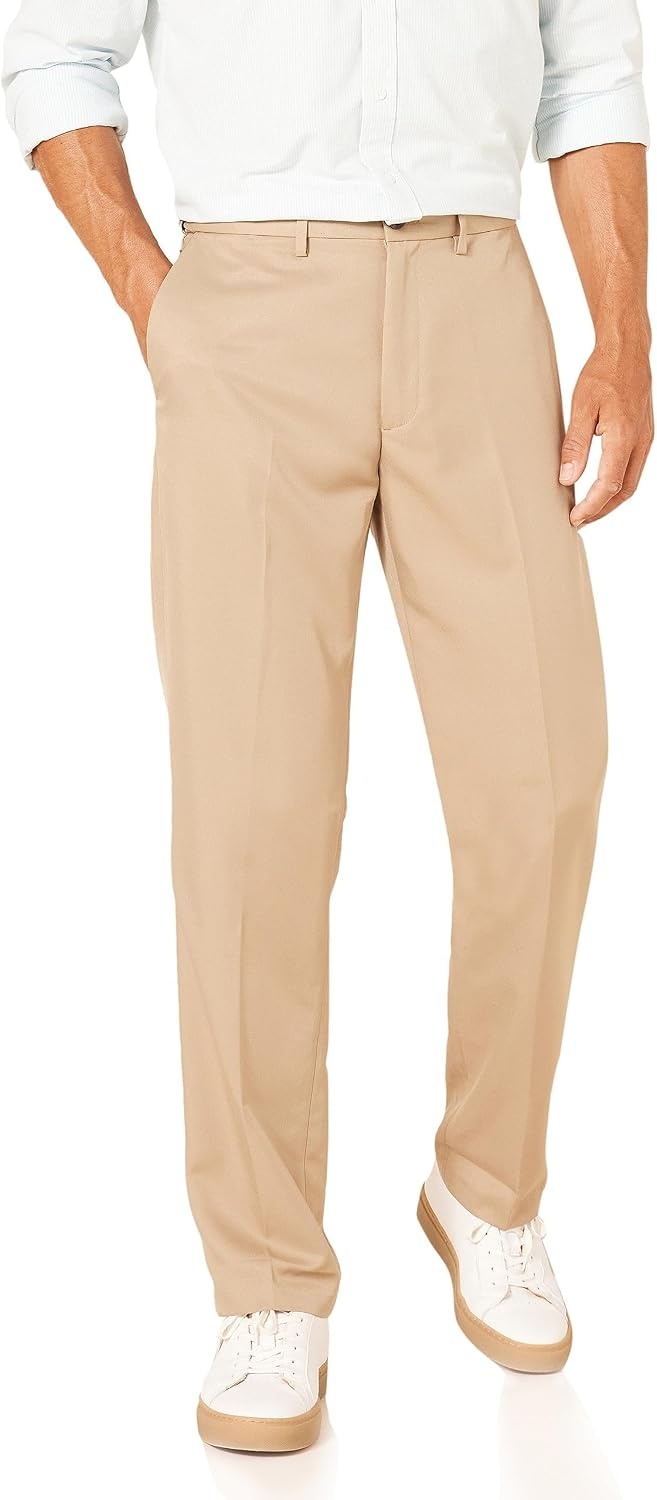image:imageAmazon Essentials Mens ClassicFit ExpandableWaist FlatFront Dress PantsKhaki Brown