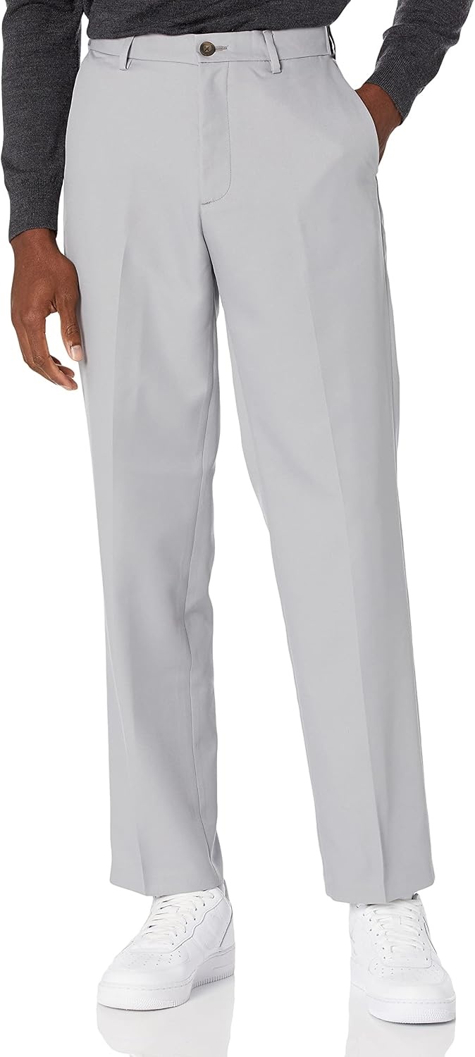 image:imageAmazon Essentials Mens ClassicFit ExpandableWaist FlatFront Dress PantsLight Grey