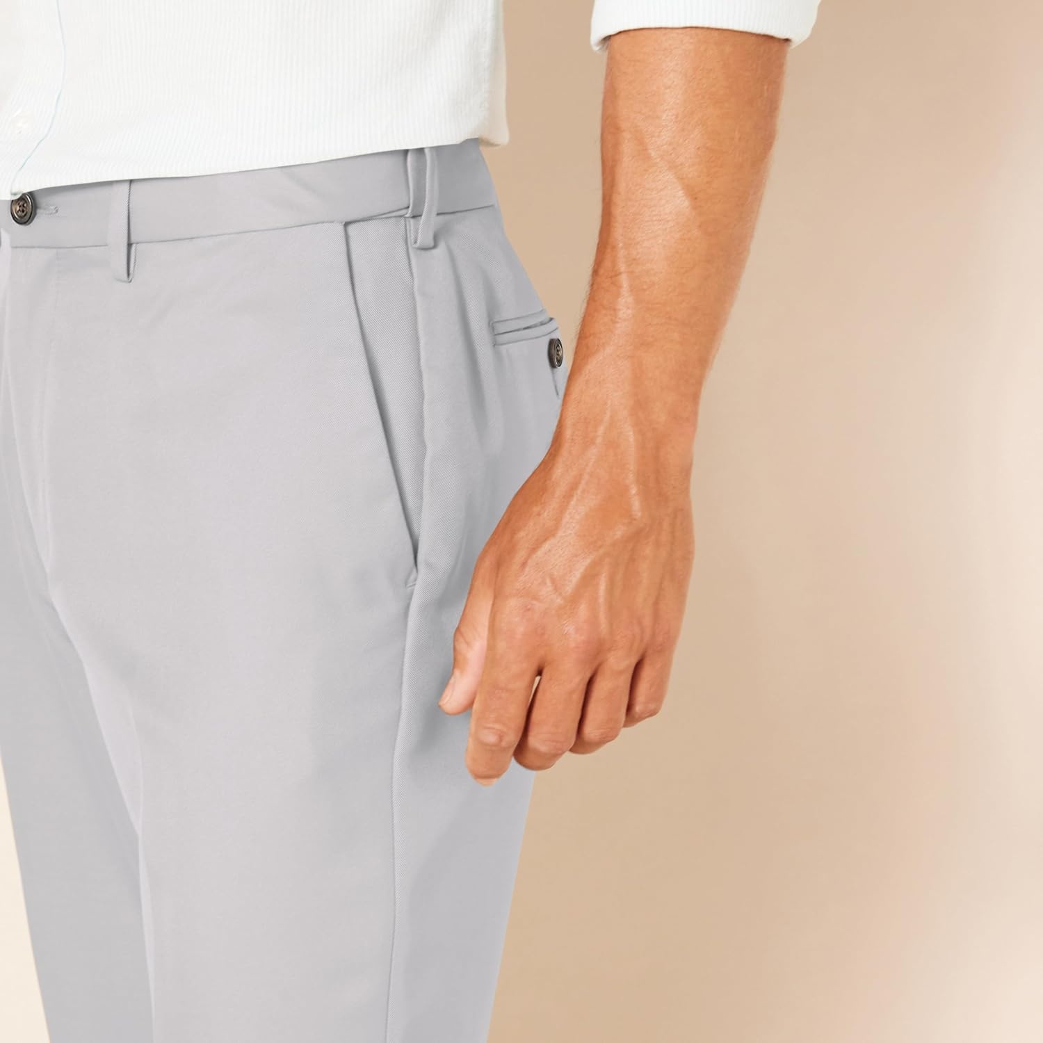 image:imageAmazon Essentials Mens ClassicFit ExpandableWaist FlatFront Dress PantsLight Grey