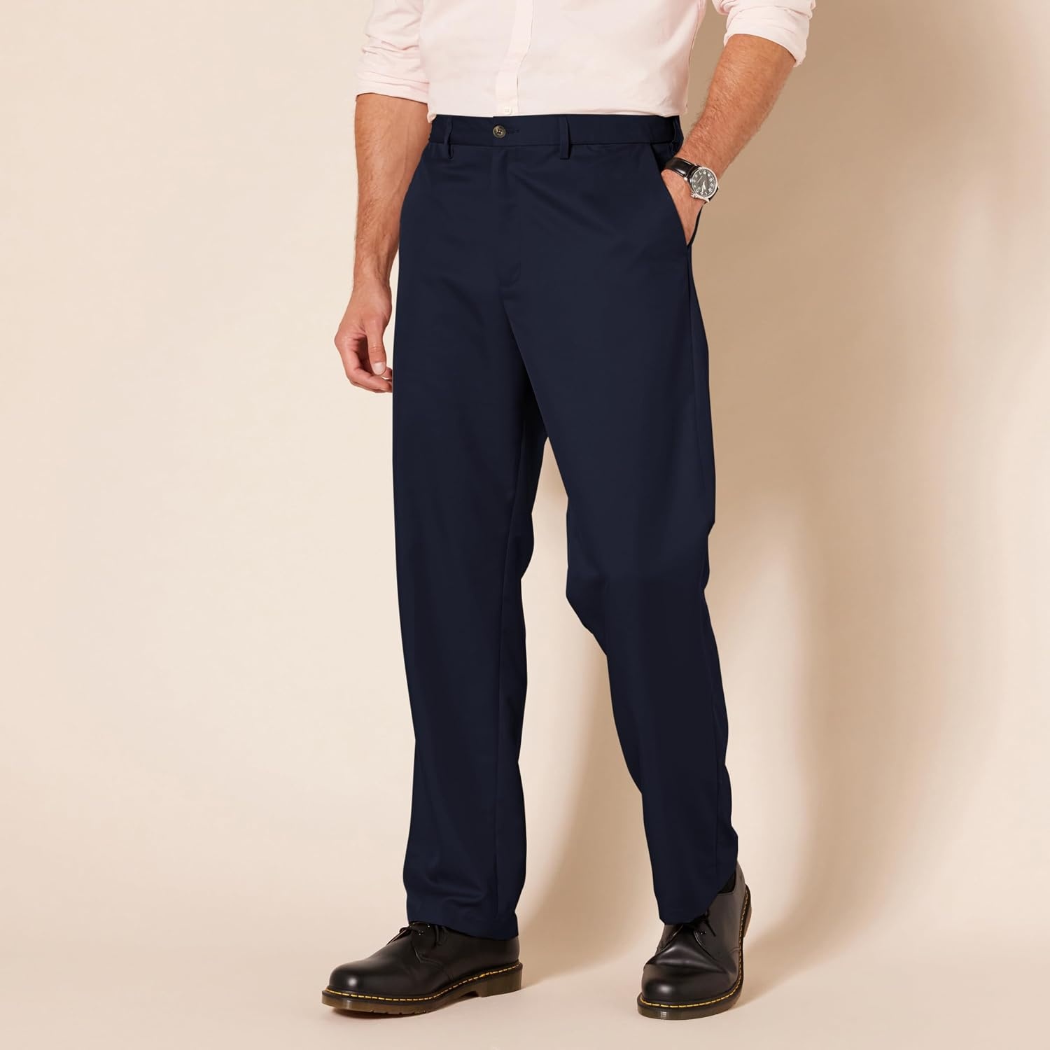 image:imageAmazon Essentials Mens ClassicFit ExpandableWaist FlatFront Dress PantsNavy