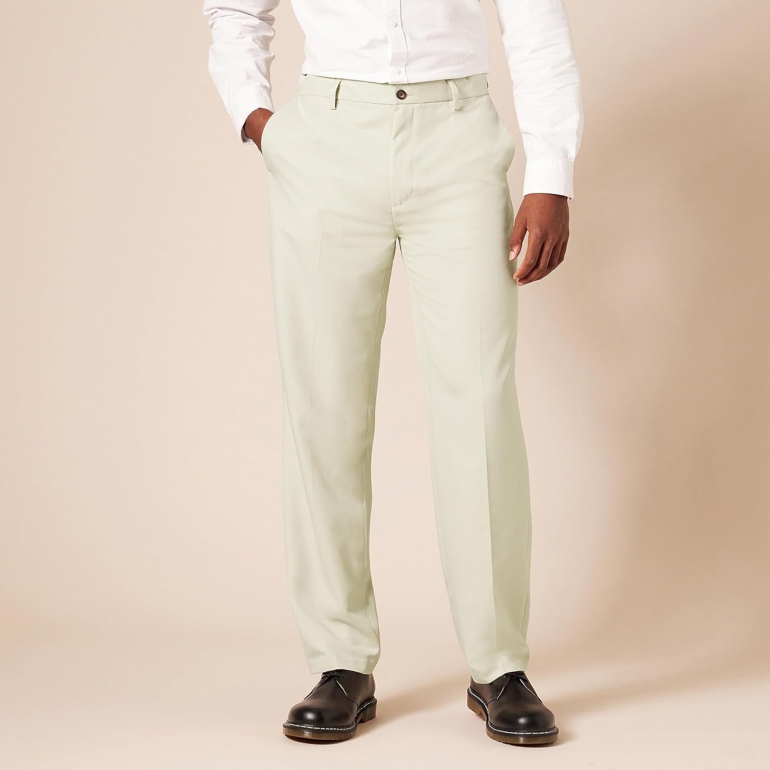 image:imageAmazon Essentials Mens ClassicFit ExpandableWaist FlatFront Dress PantsStone
