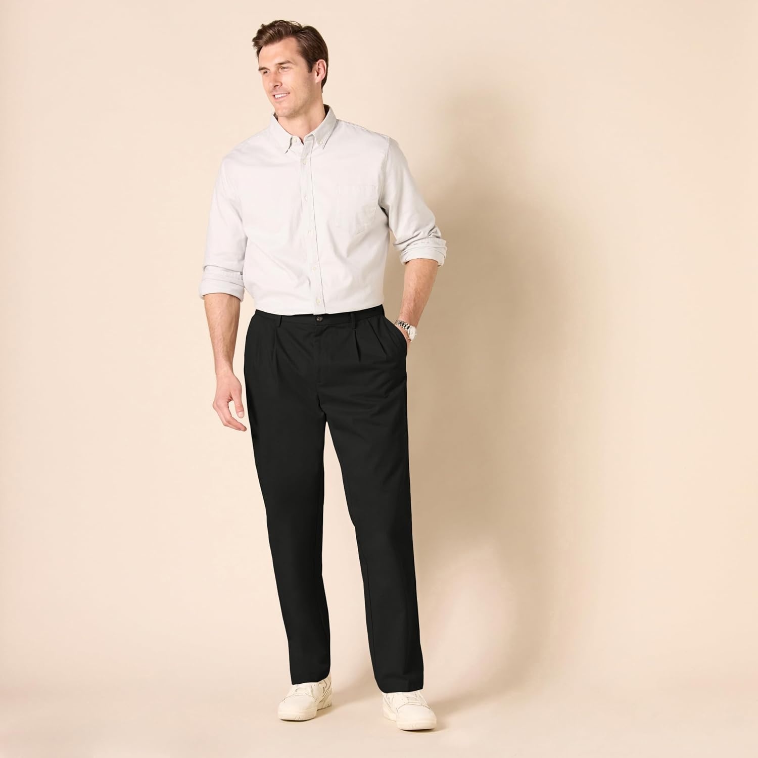 image:imageAmazon Essentials Mens ClassicFit WrinkleResistant Pleated Chino Pant Available in Big amp TallBlack