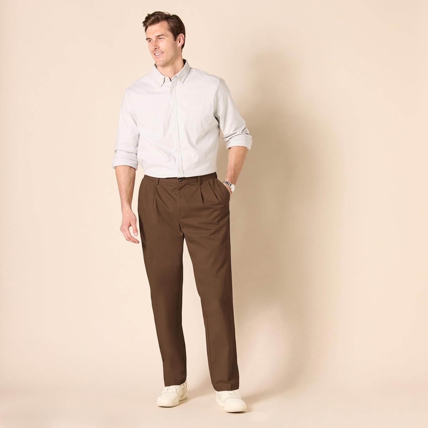 image:imageAmazon Essentials Mens ClassicFit WrinkleResistant Pleated Chino Pant Available in Big amp TallBrown
