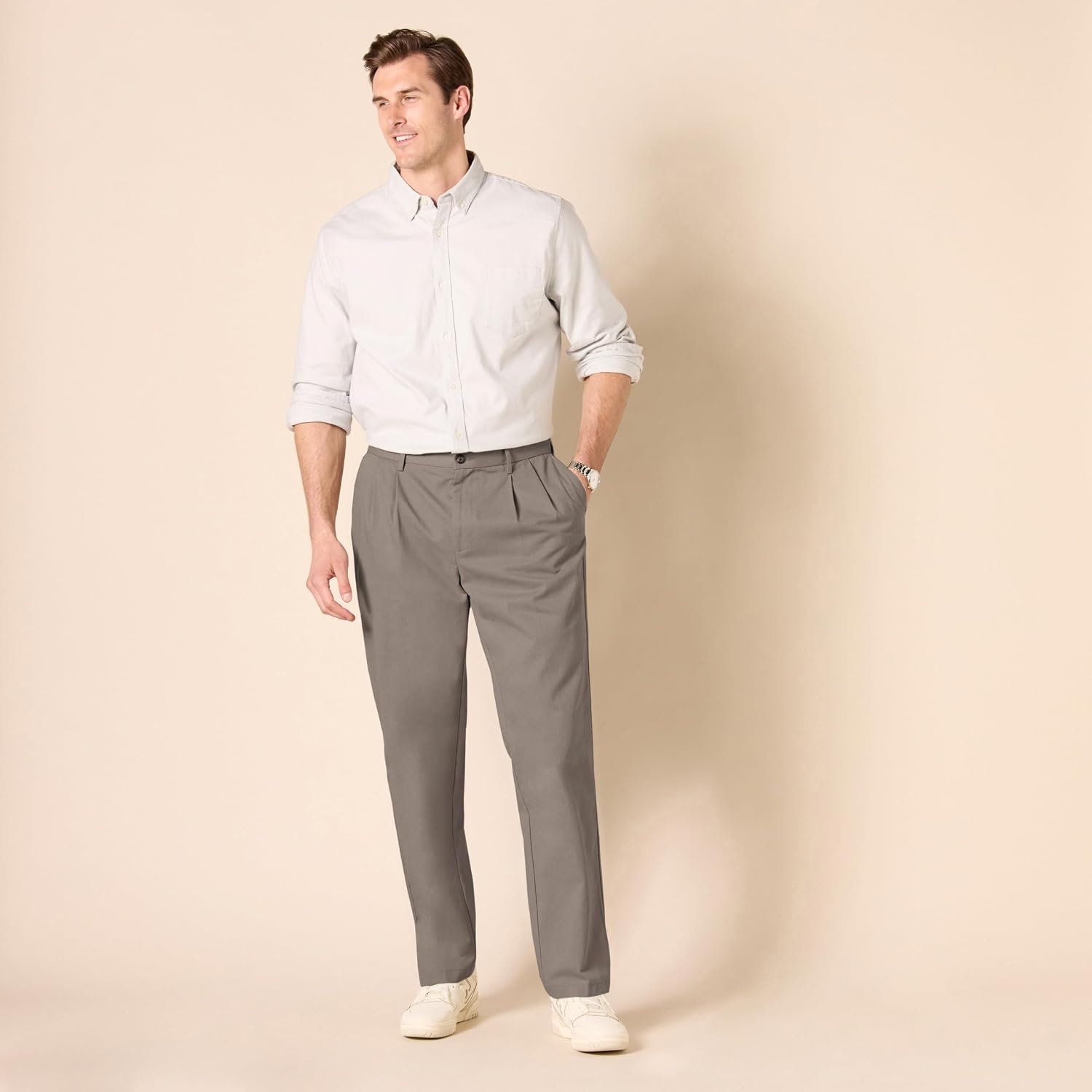 image:imageAmazon Essentials Mens ClassicFit WrinkleResistant Pleated Chino Pant Available in Big amp TallDark Brown