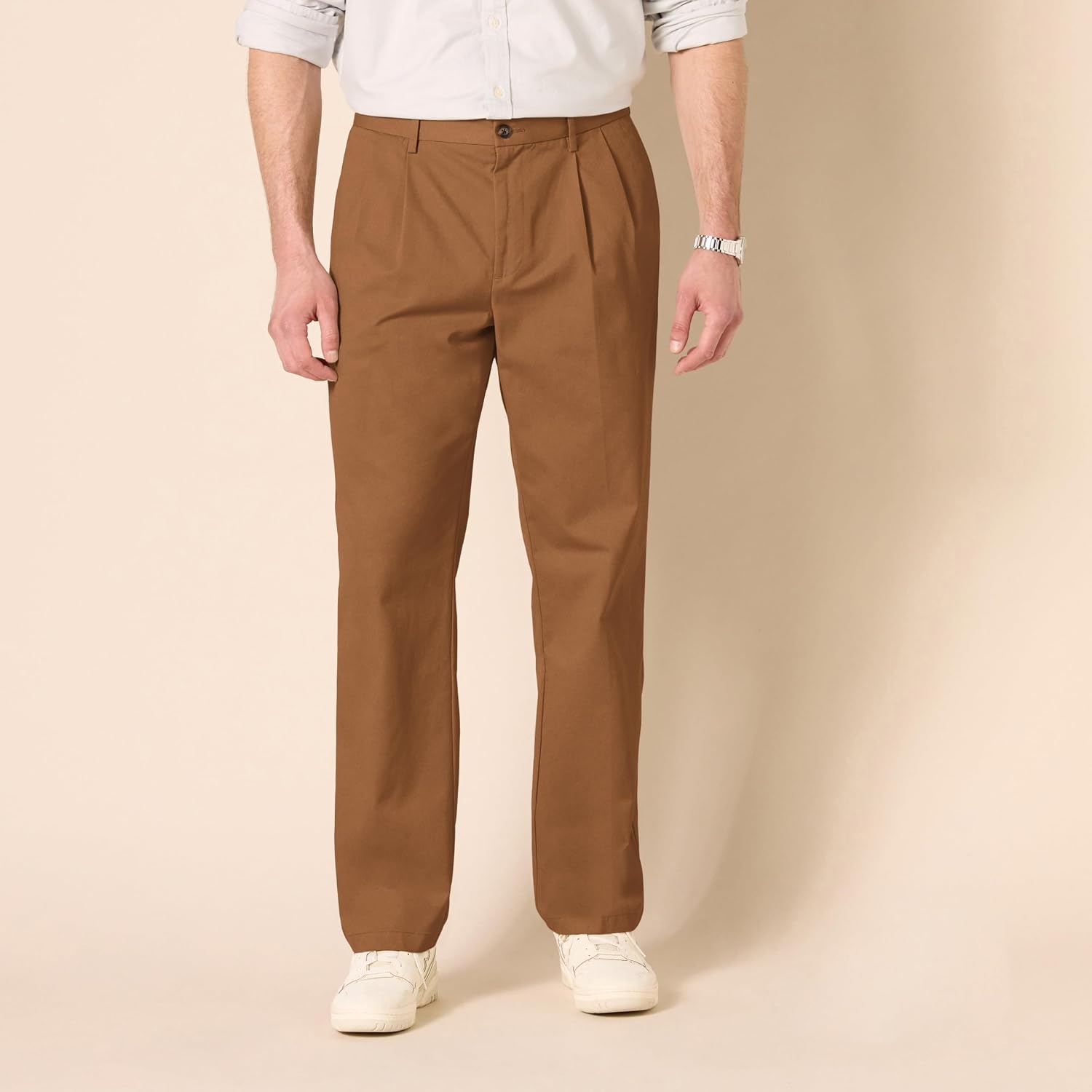 image:imageAmazon Essentials Mens ClassicFit WrinkleResistant Pleated Chino Pant Available in Big amp TallDark Khaki Brown