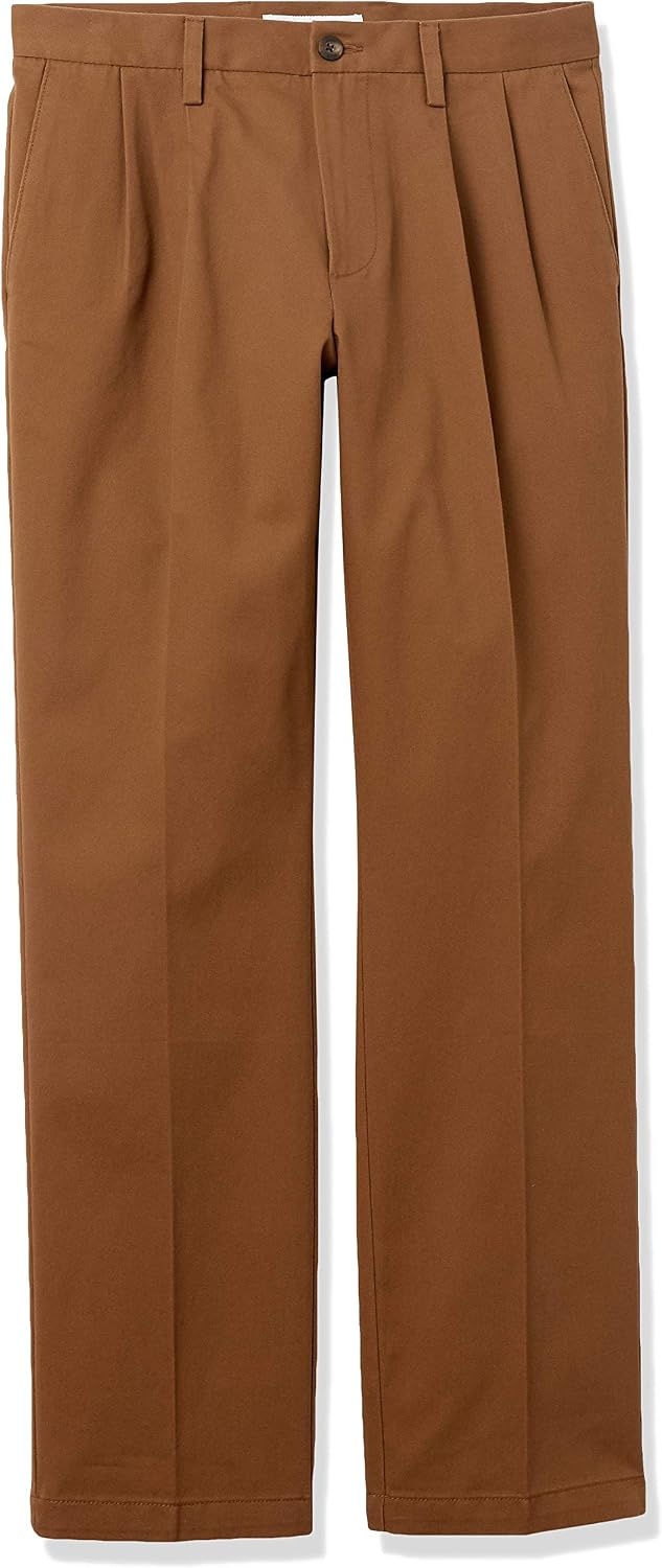 image:imageAmazon Essentials Mens ClassicFit WrinkleResistant Pleated Chino Pant Available in Big amp TallDark Khaki Brown
