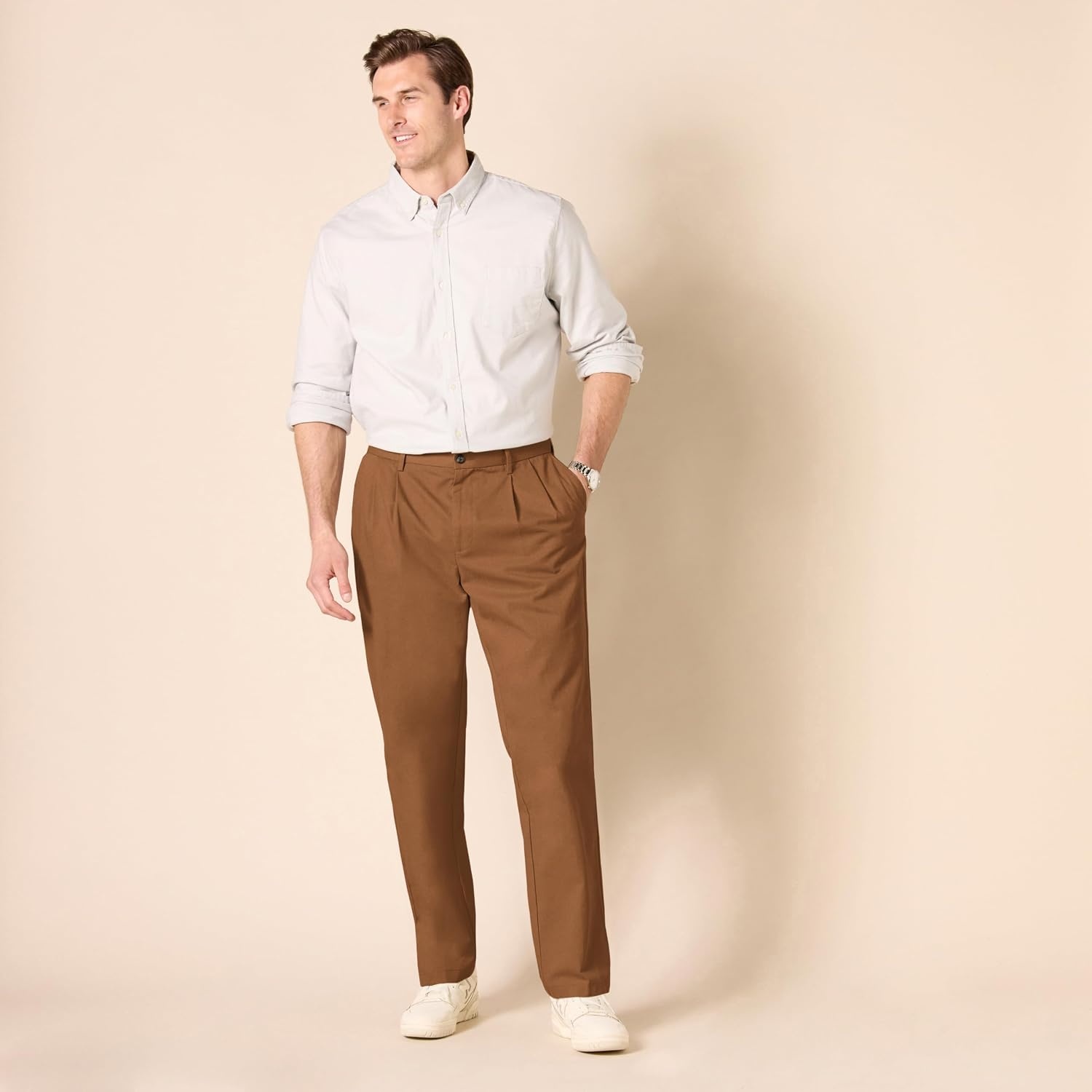 image:imageAmazon Essentials Mens ClassicFit WrinkleResistant Pleated Chino Pant Available in Big amp TallDark Khaki Brown