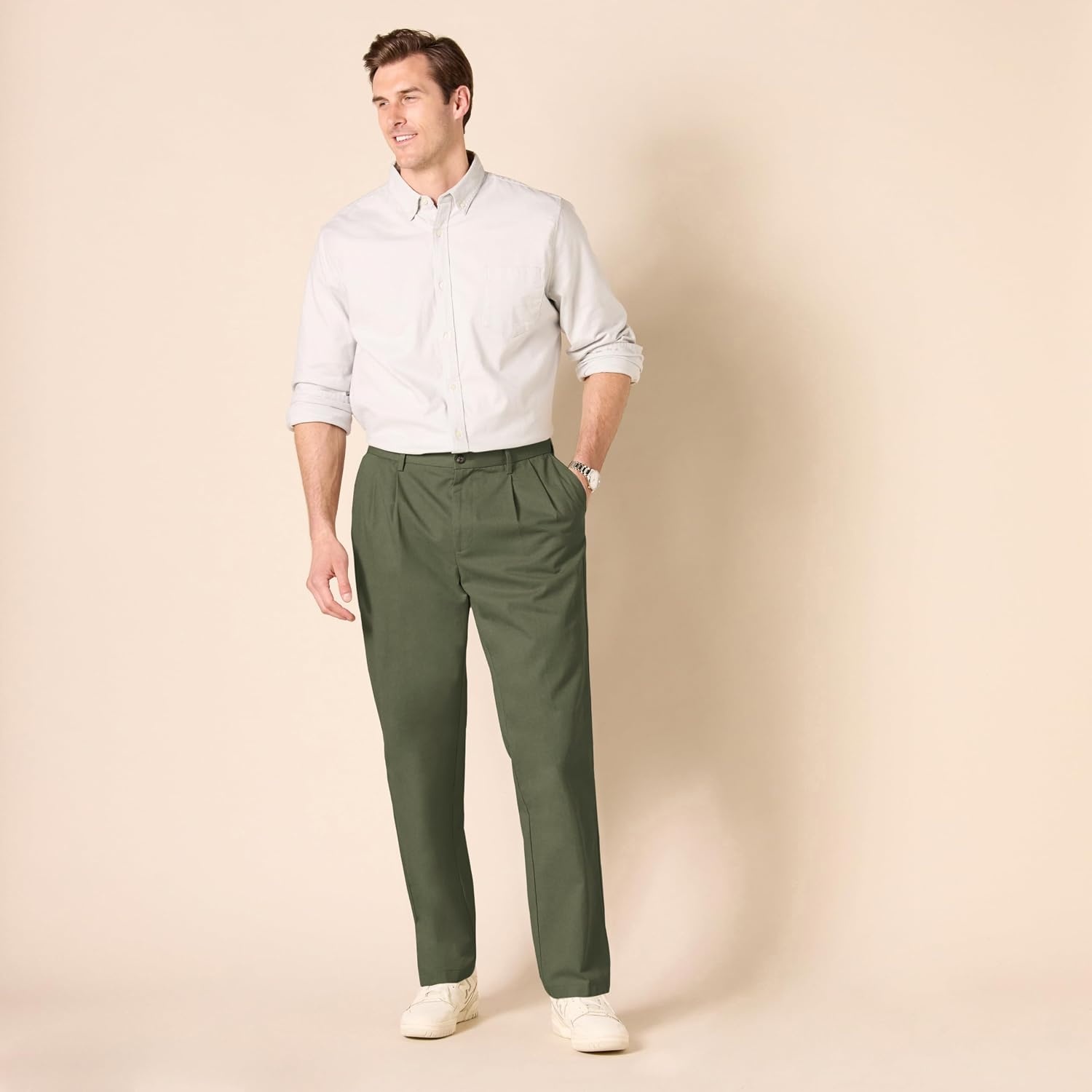 image:imageAmazon Essentials Mens ClassicFit WrinkleResistant Pleated Chino Pant Available in Big amp TallDark Olive