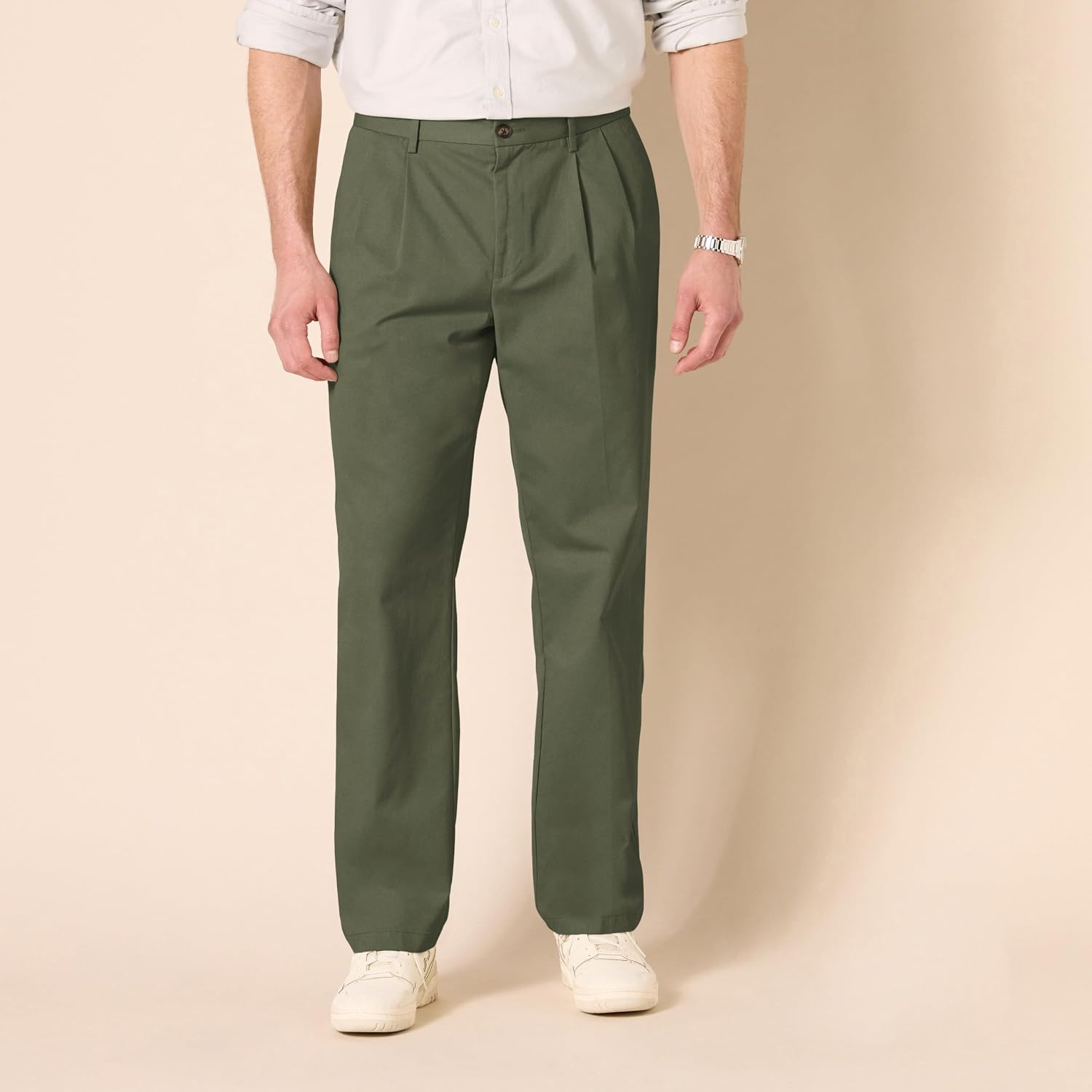 image:imageAmazon Essentials Mens ClassicFit WrinkleResistant Pleated Chino Pant Available in Big amp TallDark Olive