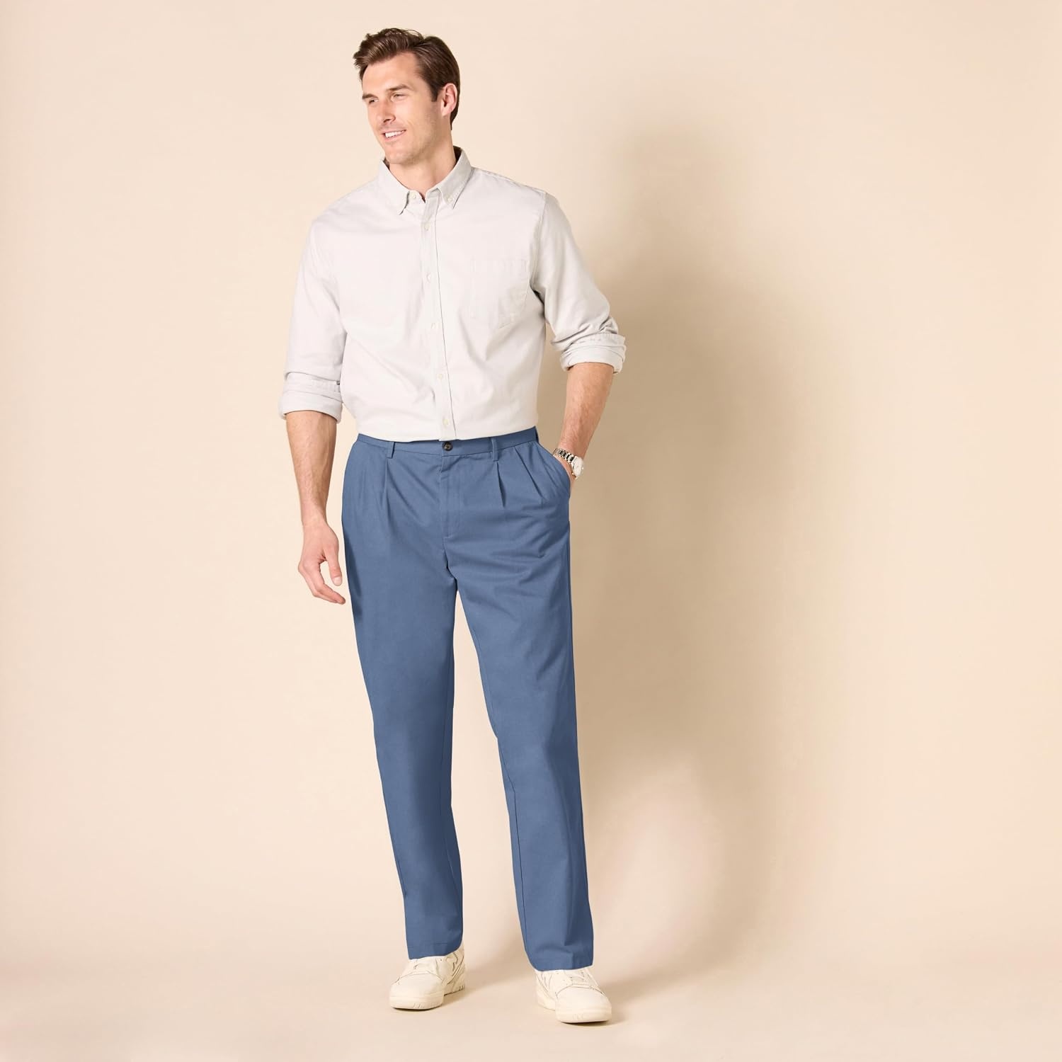 image:imageAmazon Essentials Mens ClassicFit WrinkleResistant Pleated Chino Pant Available in Big amp TallIndigo