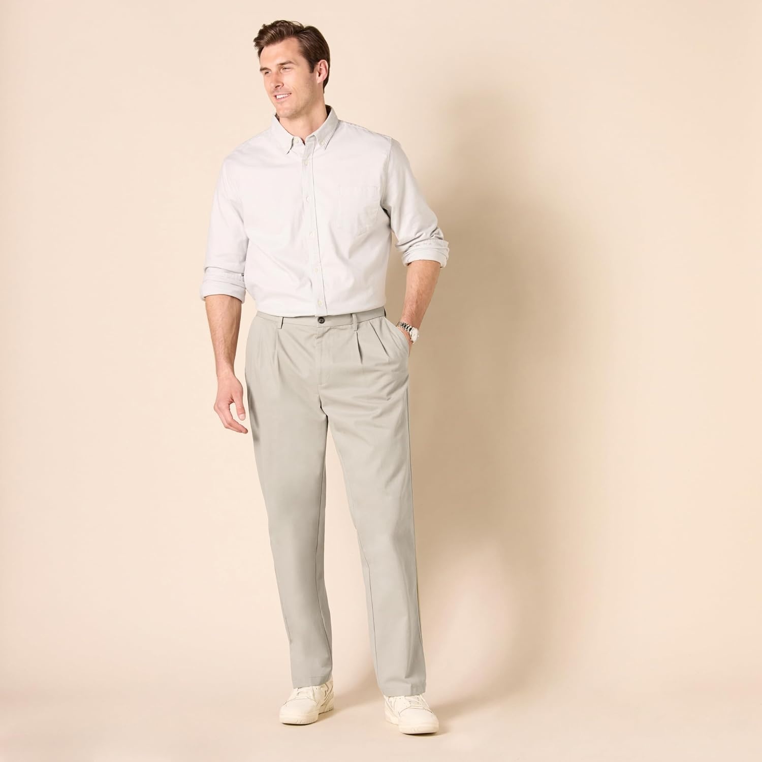 image:imageAmazon Essentials Mens ClassicFit WrinkleResistant Pleated Chino Pant Available in Big amp TallKhaki Beige