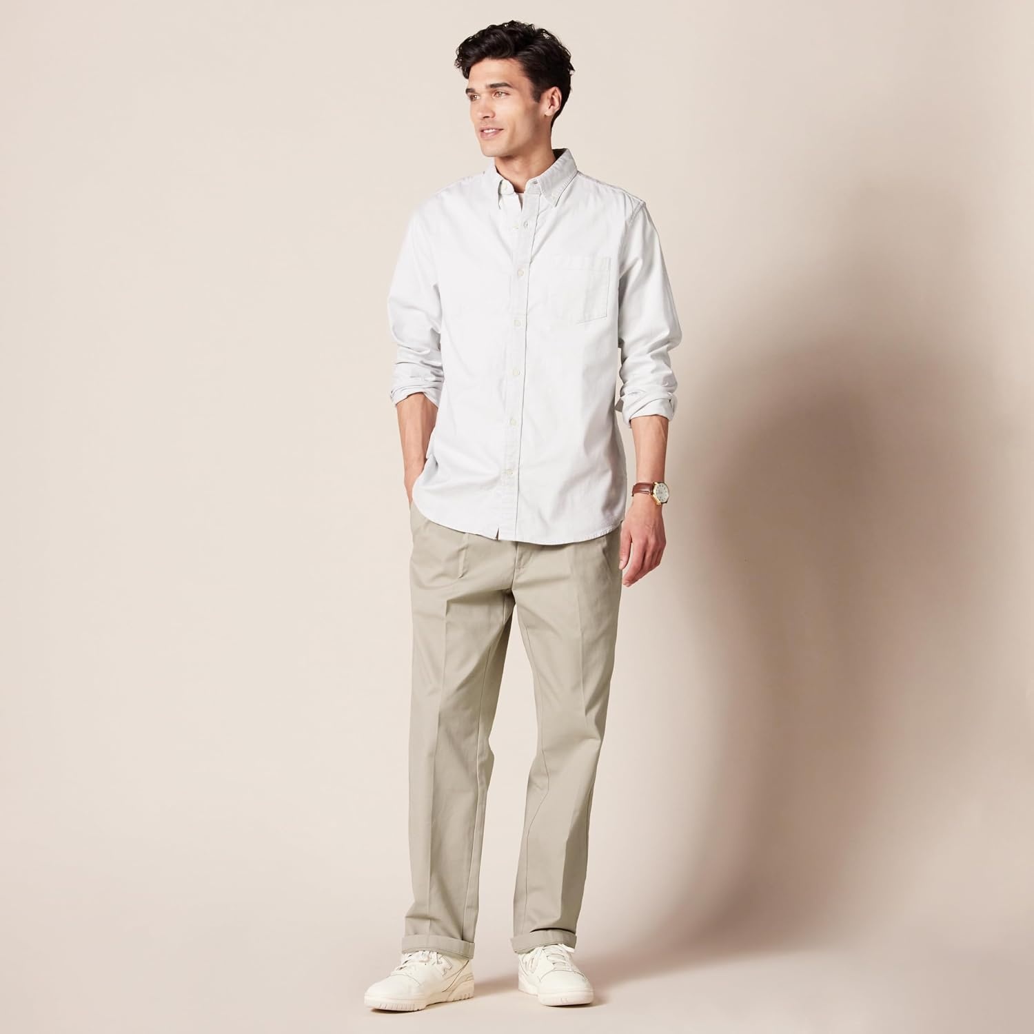 image:imageAmazon Essentials Mens ClassicFit WrinkleResistant Pleated Chino Pant Available in Big amp TallKhaki Beige