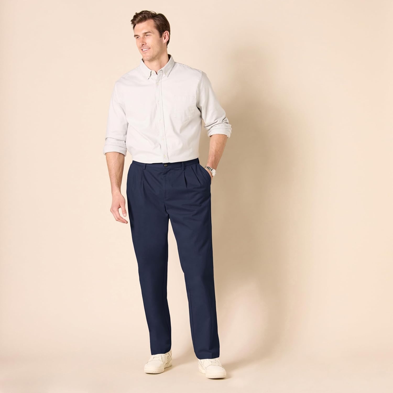 image:imageAmazon Essentials Mens ClassicFit WrinkleResistant Pleated Chino Pant Available in Big amp TallNavy