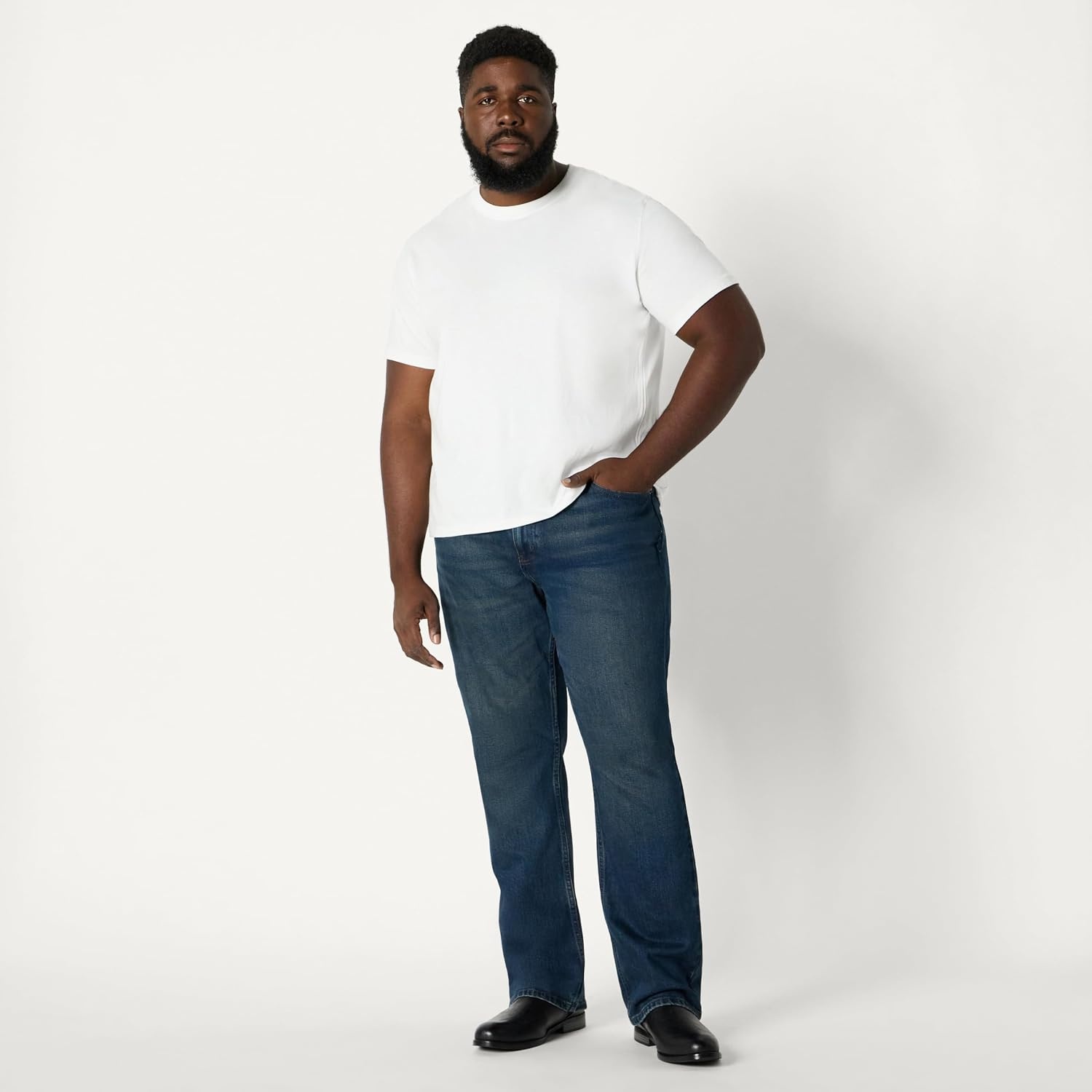 image:imageAmazon Essentials Mens Heavyweight Denim StraightFit Bootcut Jeans with 5 Pocket Styling Zip Fly StretchTinted Dark Wash