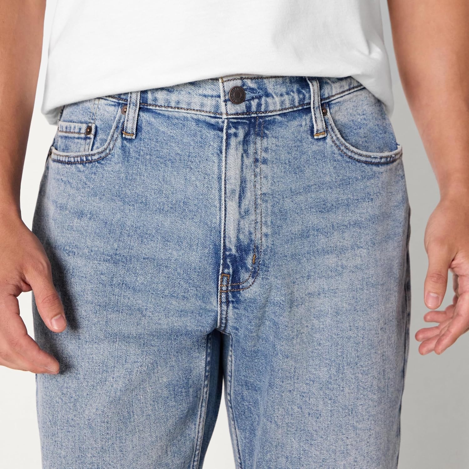 image:imageAmazon Essentials Mens Heavyweight Denim StraightFit Bootcut Jeans with 5 Pocket Styling Zip Fly StretchTinted Light Wash