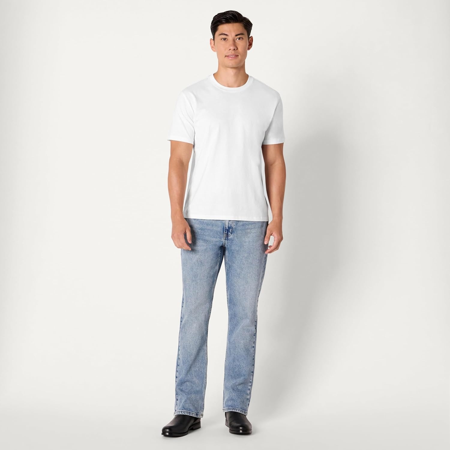 image:imageAmazon Essentials Mens Heavyweight Denim StraightFit Bootcut Jeans with 5 Pocket Styling Zip Fly StretchTinted Light Wash