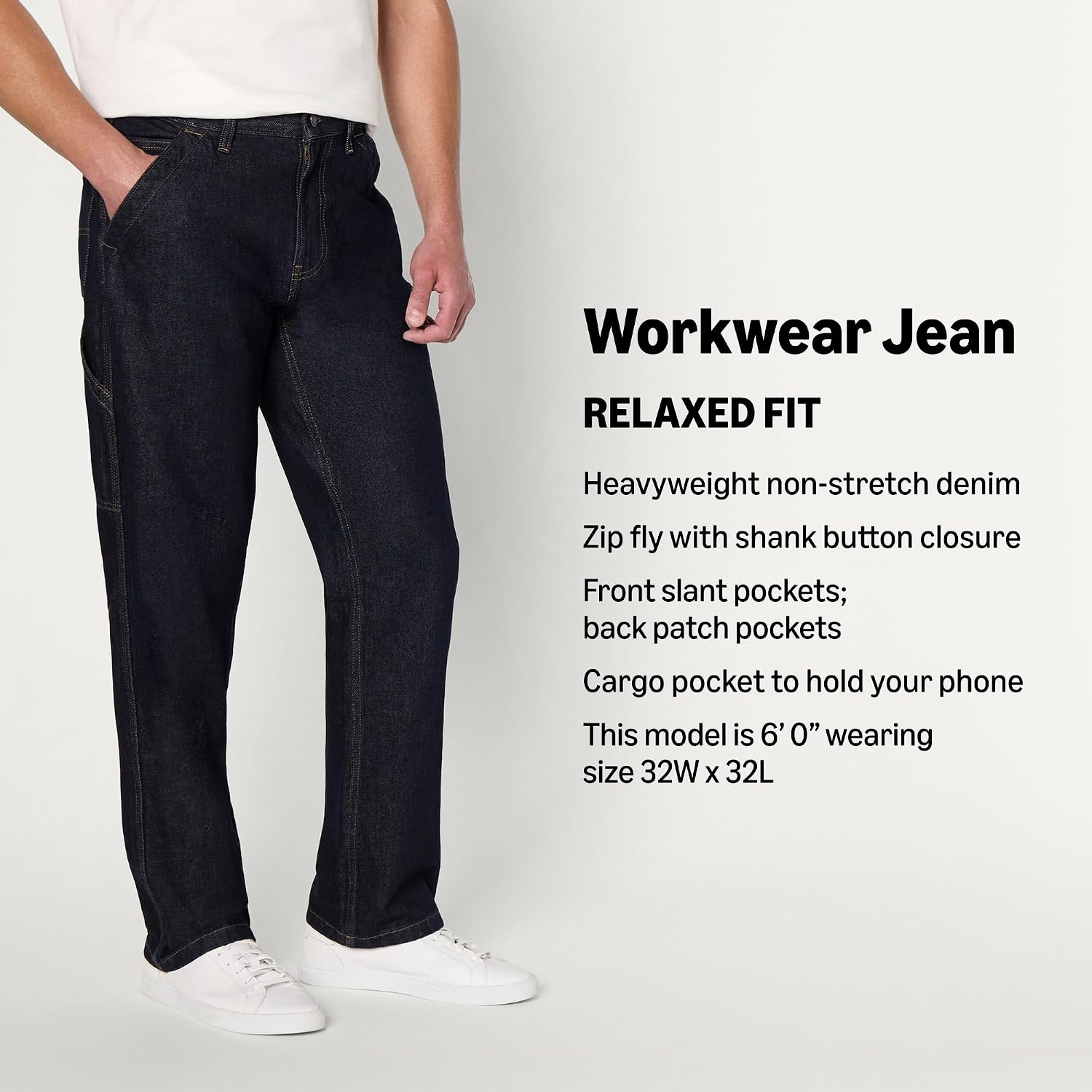 image:imageAmazon Essentials Mens Heavyweight Rigid RelaxedFit Workwear Carpenter Jeans with PocketsRinse