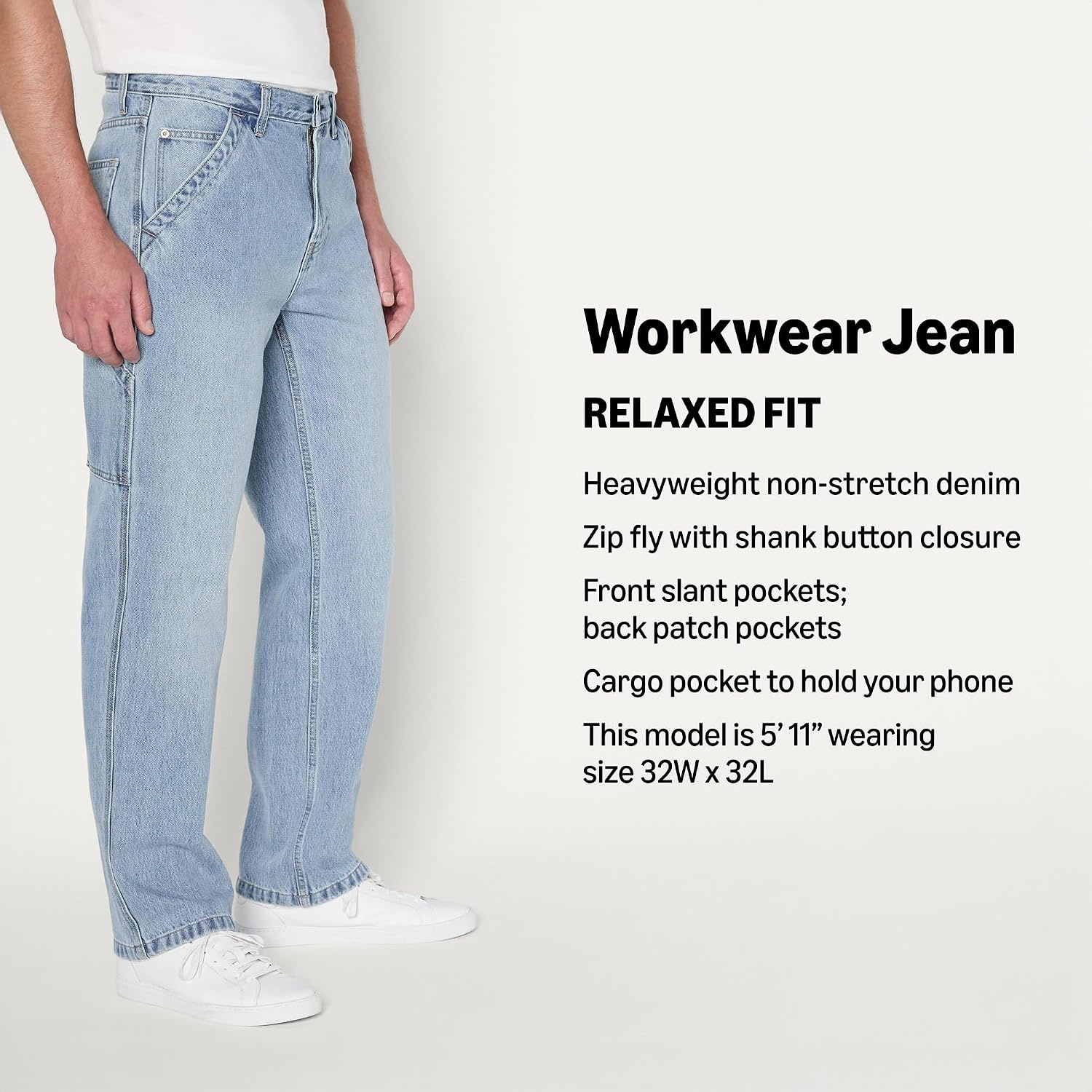 image:imageAmazon Essentials Mens Heavyweight Rigid RelaxedFit Workwear Carpenter Jeans with PocketsVintage Blue