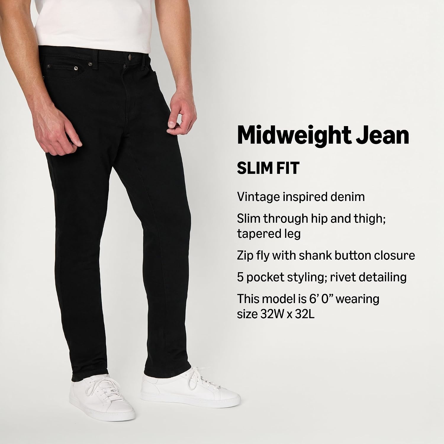image:imageAmazon Essentials Mens Low Stretch SlimFit Jean Tapered Leg Vintage Inspired Midweight DenimBlackmidweight