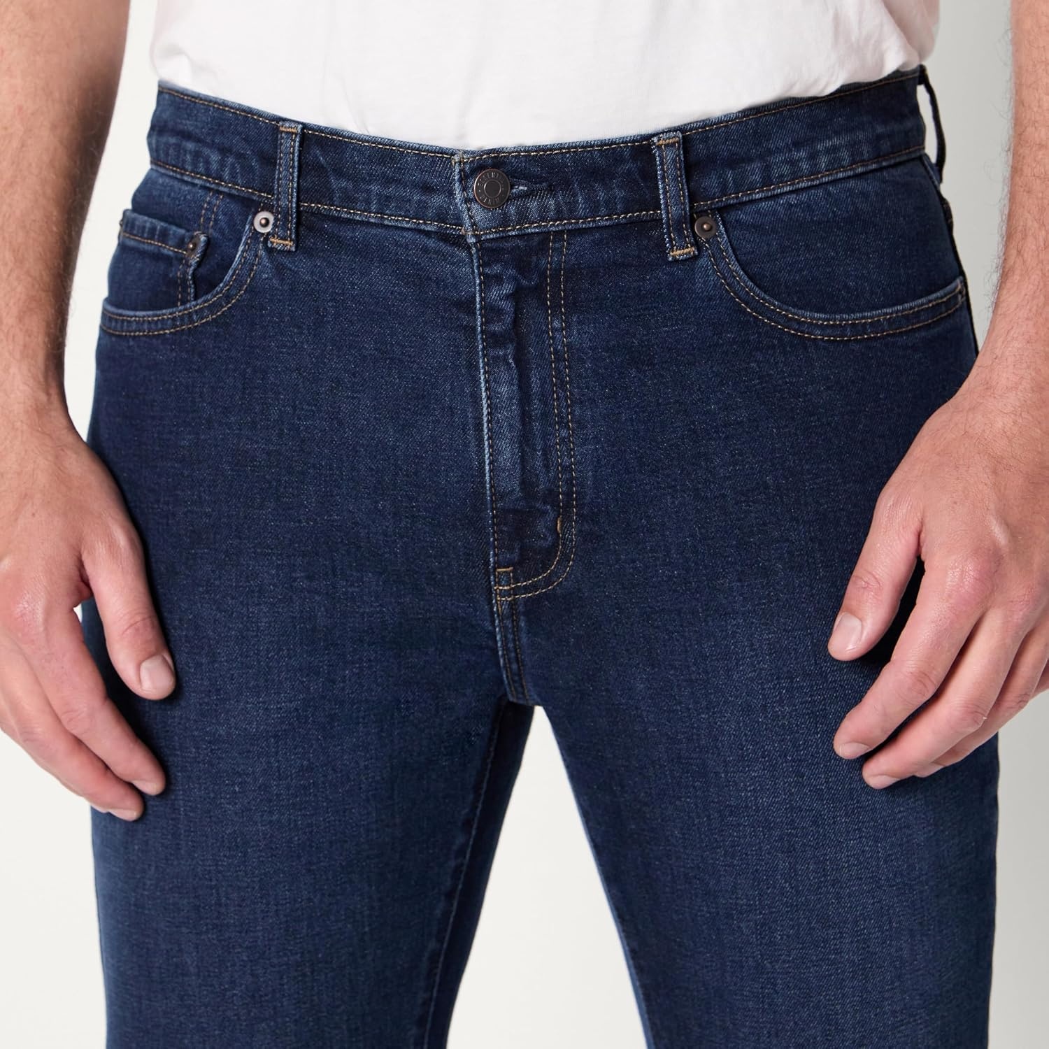 image:imageAmazon Essentials Mens Low Stretch SlimFit Jean Tapered Leg Vintage Inspired Midweight DenimDark Midnight Wash