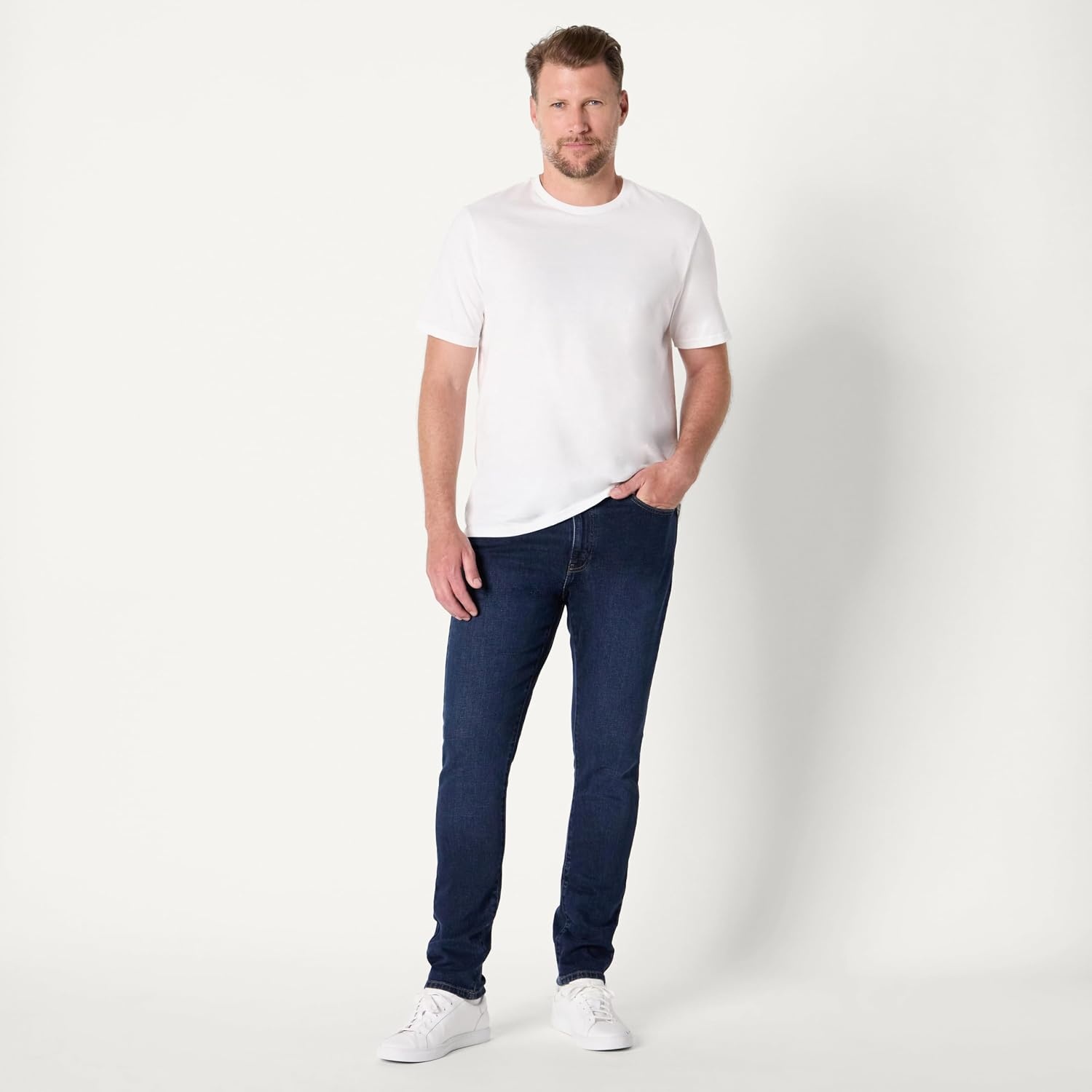 image:imageAmazon Essentials Mens Low Stretch SlimFit Jean Tapered Leg Vintage Inspired Midweight DenimDark Midnight Wash