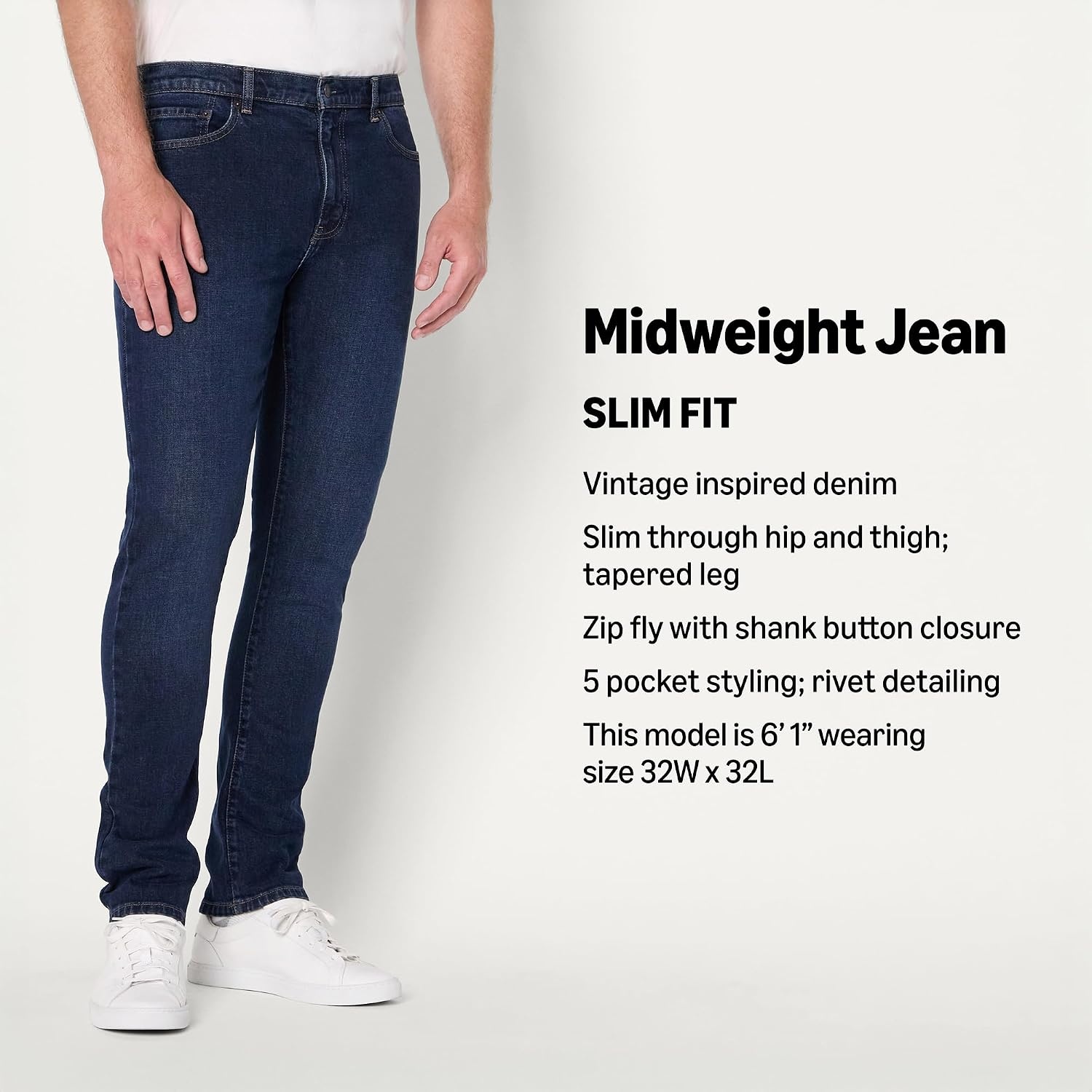image:imageAmazon Essentials Mens Low Stretch SlimFit Jean Tapered Leg Vintage Inspired Midweight DenimDark Midnight Wash