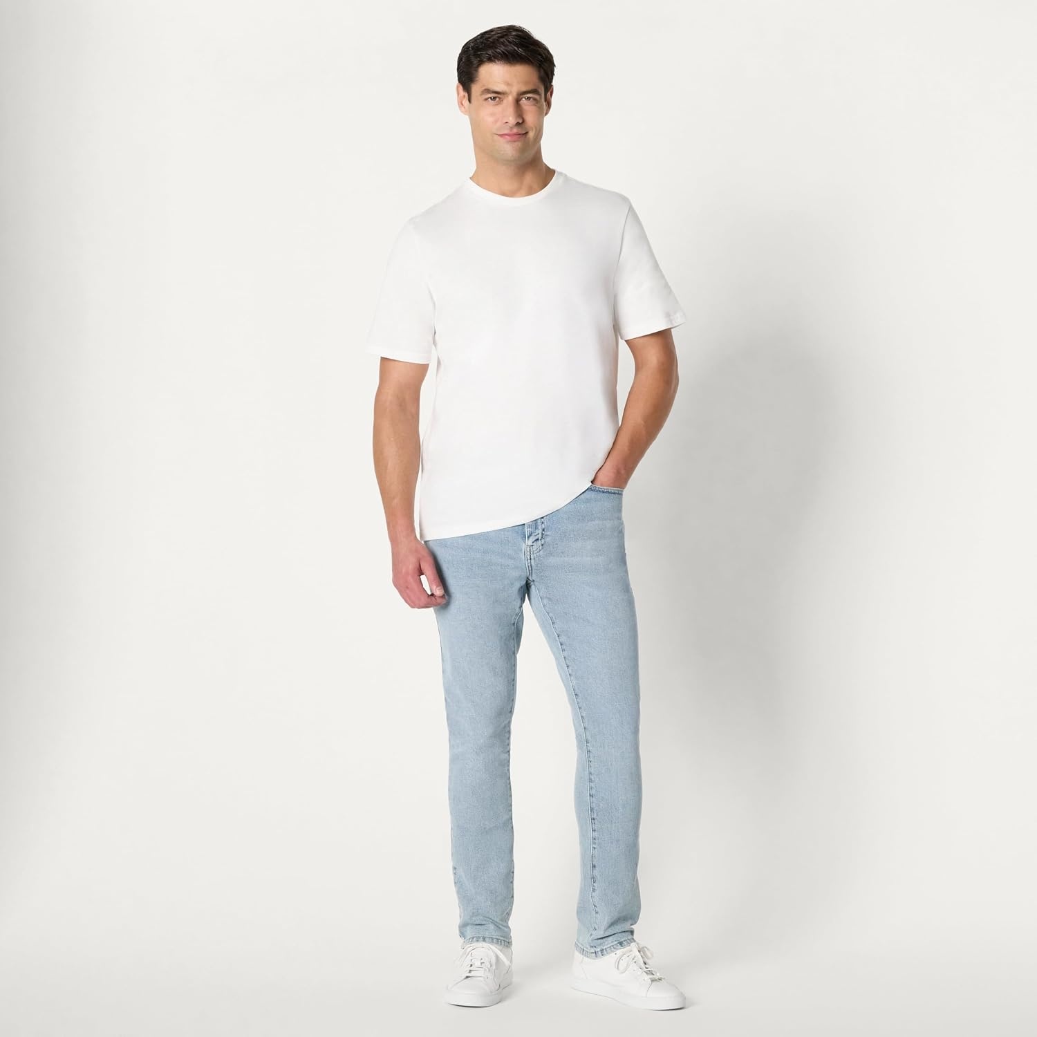 image:imageAmazon Essentials Mens Low Stretch SlimFit Jean Tapered Leg Vintage Inspired Midweight DenimIced Light Wash