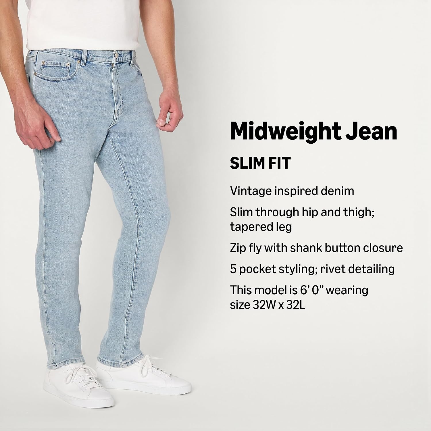 image:imageAmazon Essentials Mens Low Stretch SlimFit Jean Tapered Leg Vintage Inspired Midweight DenimIced Light Wash