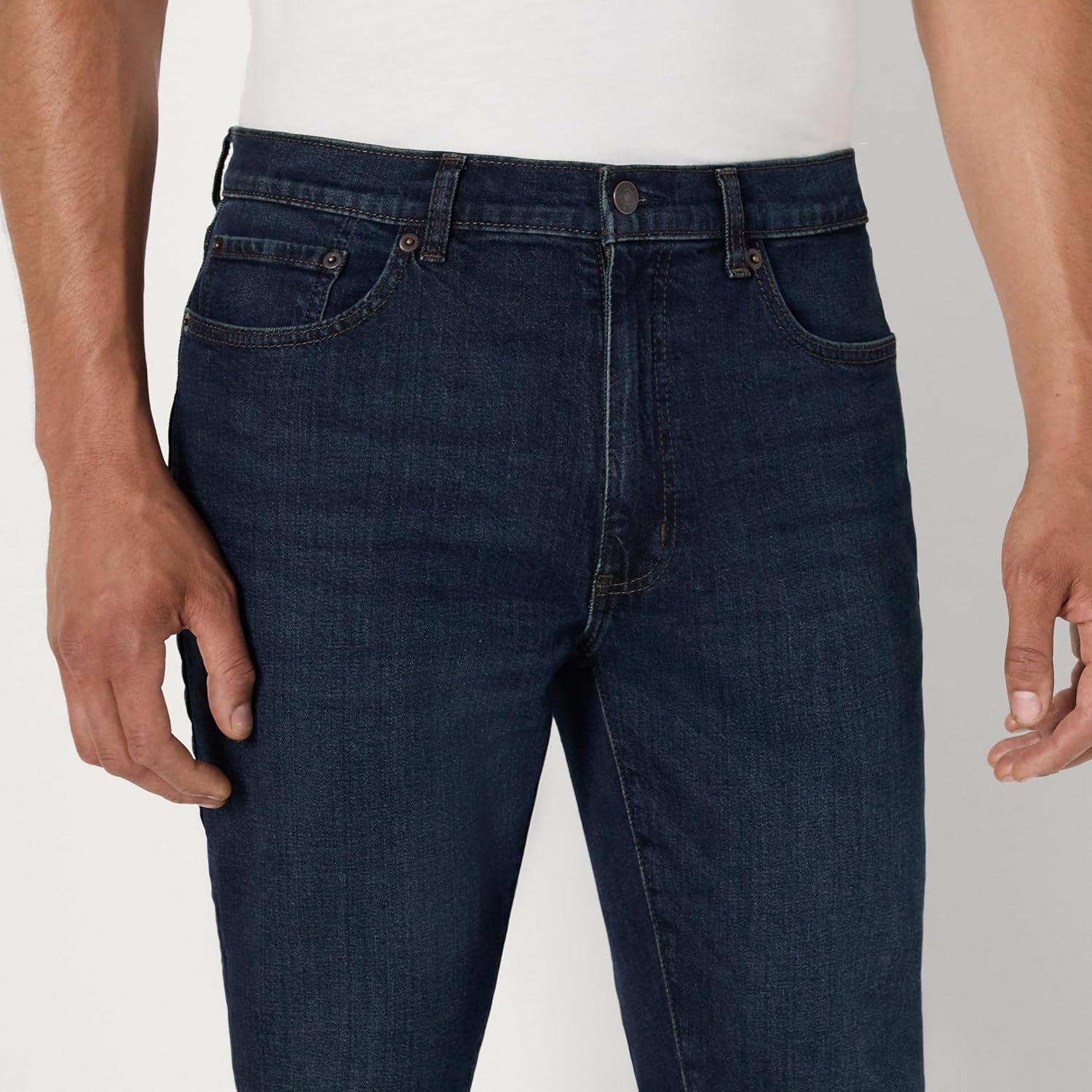 image:imageAmazon Essentials Mens Medium Stretch SkinnyFit JeansTinted Dark Wash