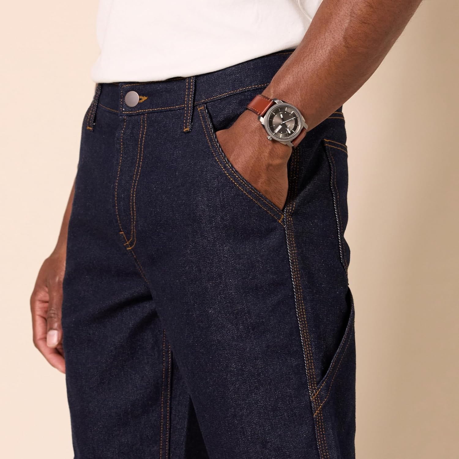image:imageAmazon Essentials Mens RelaxedFit Workwear Carpenter Jean with Comfort StretchDark Wash