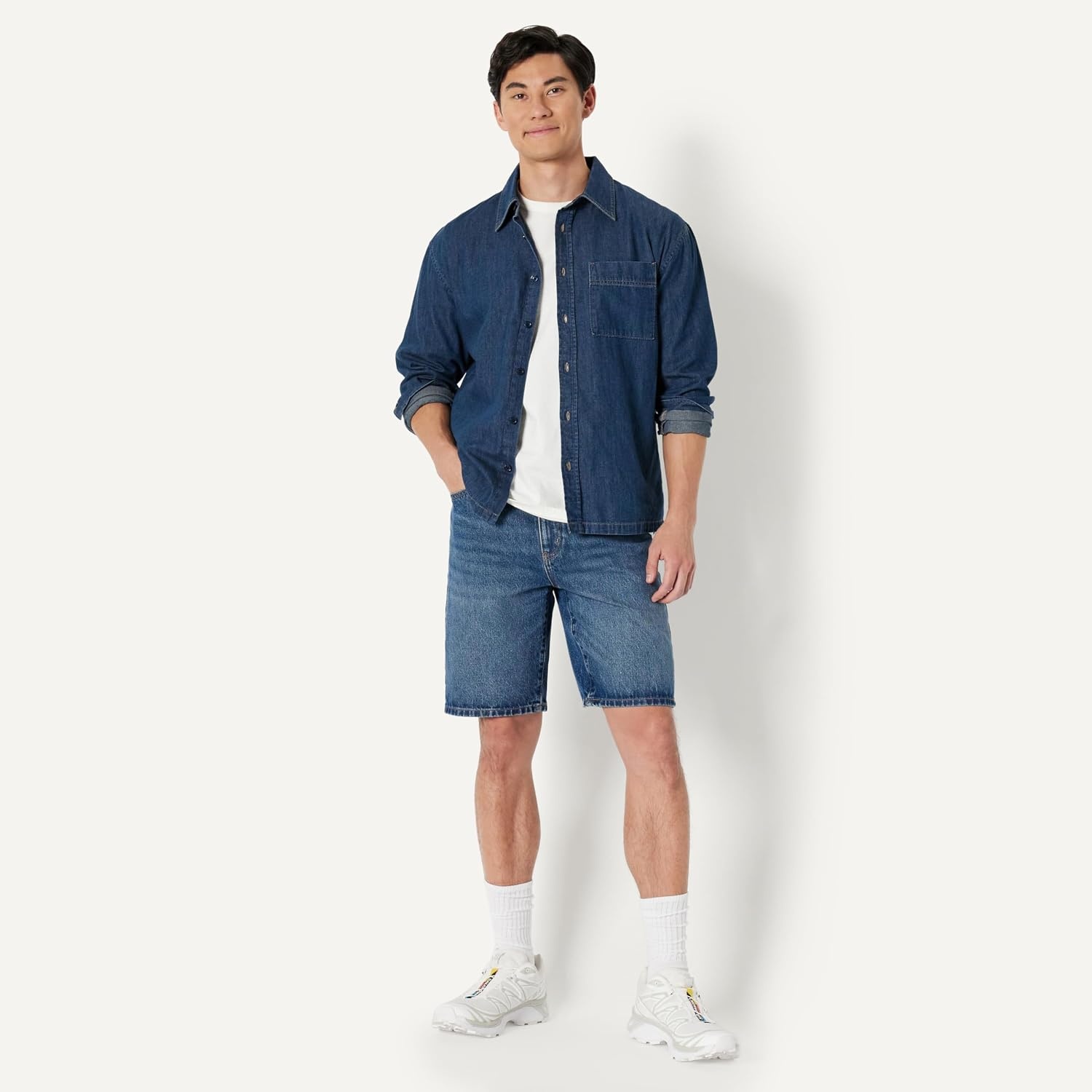 image:imageAmazon Essentials Mens Rigid RelaxedFit Jean ShortsStone Medium Wash