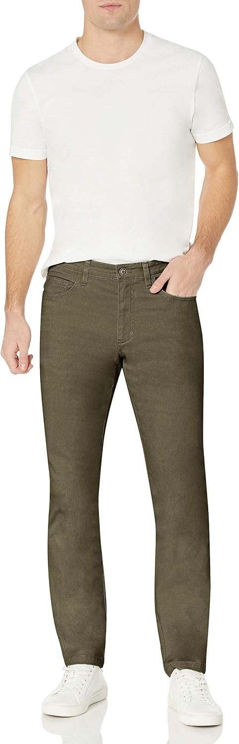 image:imageAmazon Essentials Mens SkinnyFit 5Pocket Stretch Twill Chino PantsOlive