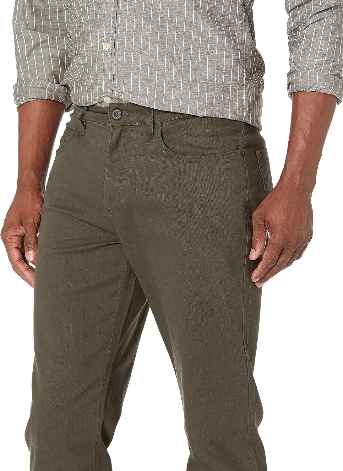 image:imageAmazon Essentials Mens SkinnyFit 5Pocket Stretch Twill Chino PantsOlive