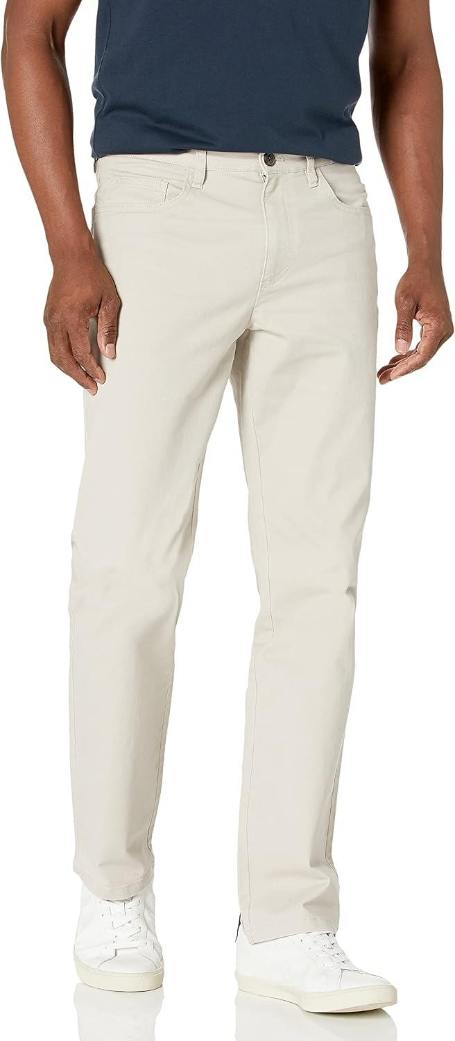 image:imageAmazon Essentials Mens SkinnyFit 5Pocket Stretch Twill Chino PantsStone