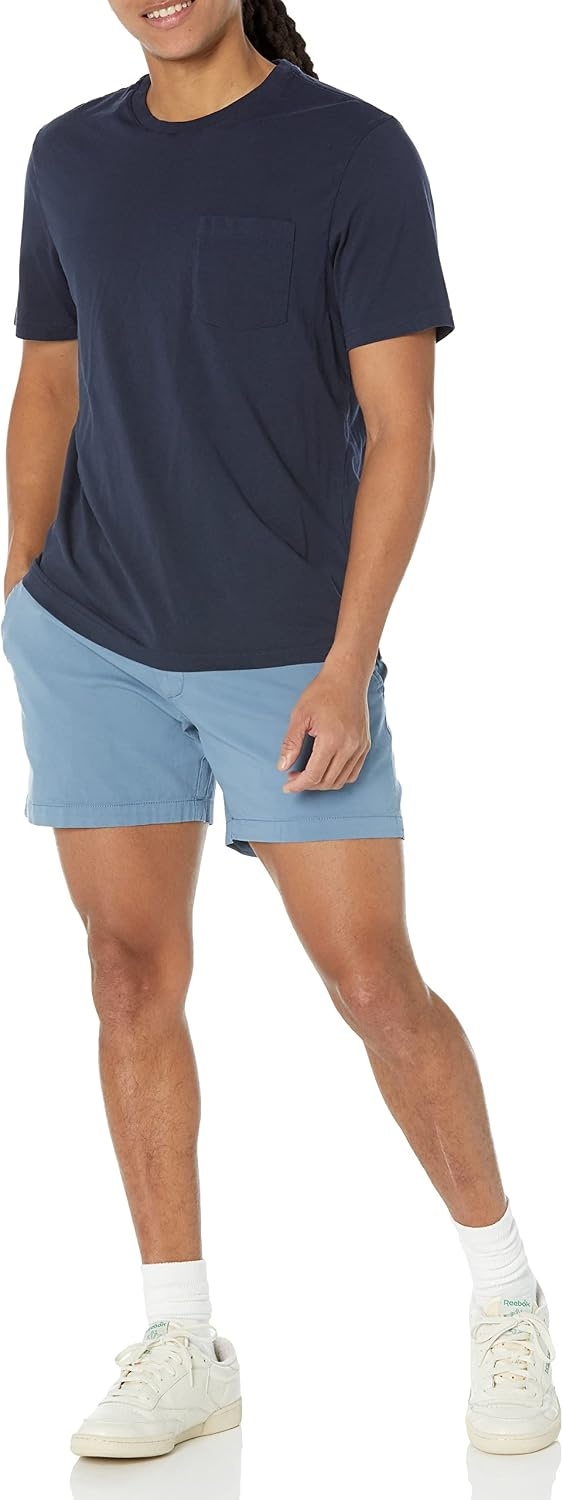 image:imageAmazon Essentials Mens SlimFit 5 Lightweight Comfort Stretch Oxford Cotton ShortsBlue