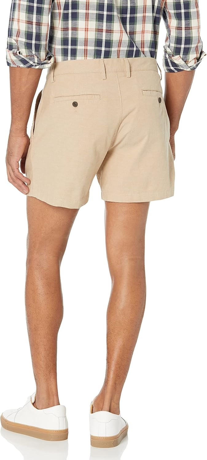 image:imageAmazon Essentials Mens SlimFit 5 Lightweight Comfort Stretch Oxford Cotton ShortsKhaki Brown