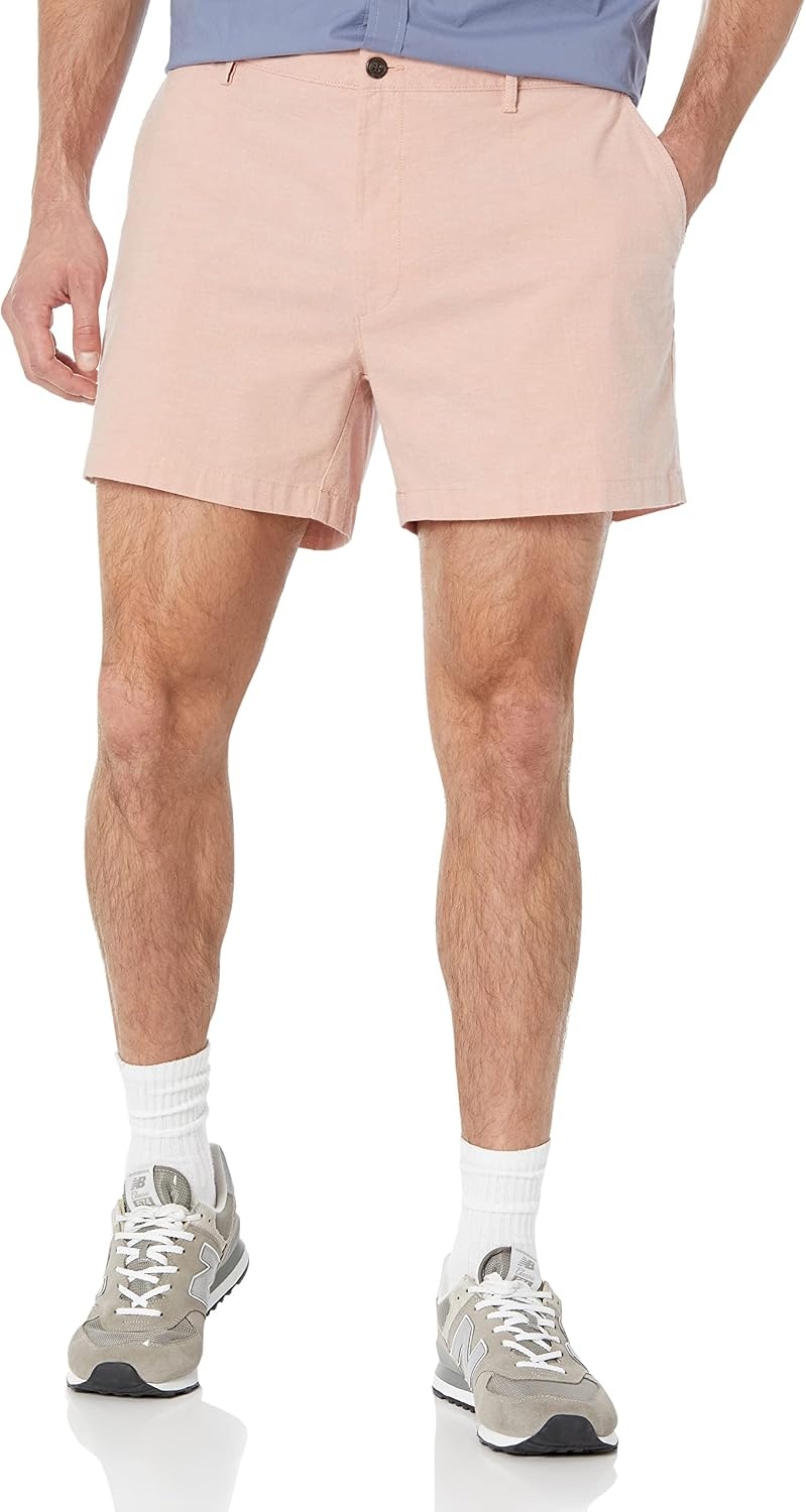 image:imageAmazon Essentials Mens SlimFit 5 Lightweight Comfort Stretch Oxford Cotton ShortsLight Tan