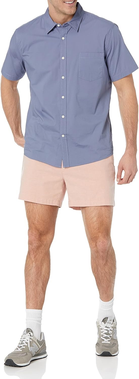 image:imageAmazon Essentials Mens SlimFit 5 Lightweight Comfort Stretch Oxford Cotton ShortsLight Tan