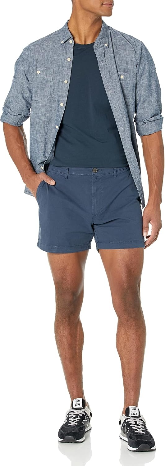 image:imageAmazon Essentials Mens SlimFit 5 Lightweight Comfort Stretch Oxford Cotton ShortsNavy