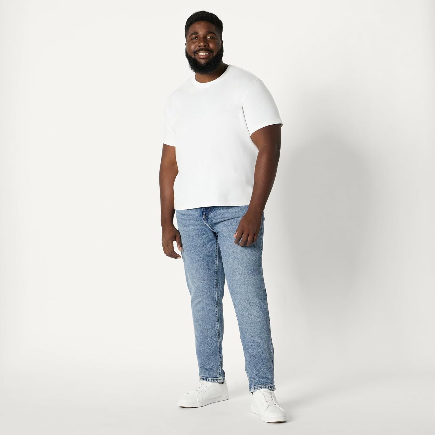 image:imageAmazon Essentials Mens SlimFit Jeans with Tapered Leg 5Pocket Styling Zip FlyTinted Light Wash