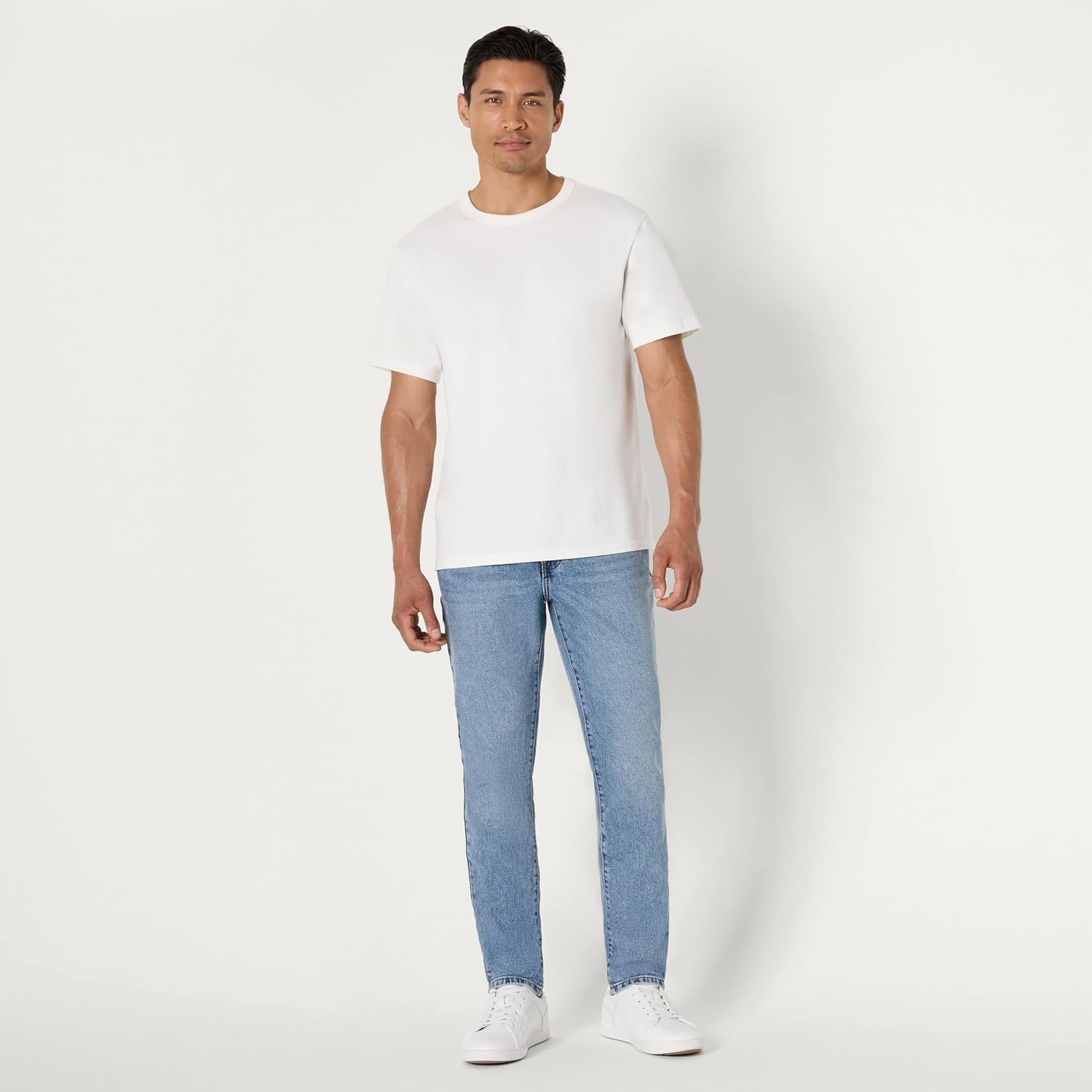 image:imageAmazon Essentials Mens SlimFit Jeans with Tapered Leg 5Pocket Styling Zip FlyTinted Light Wash
