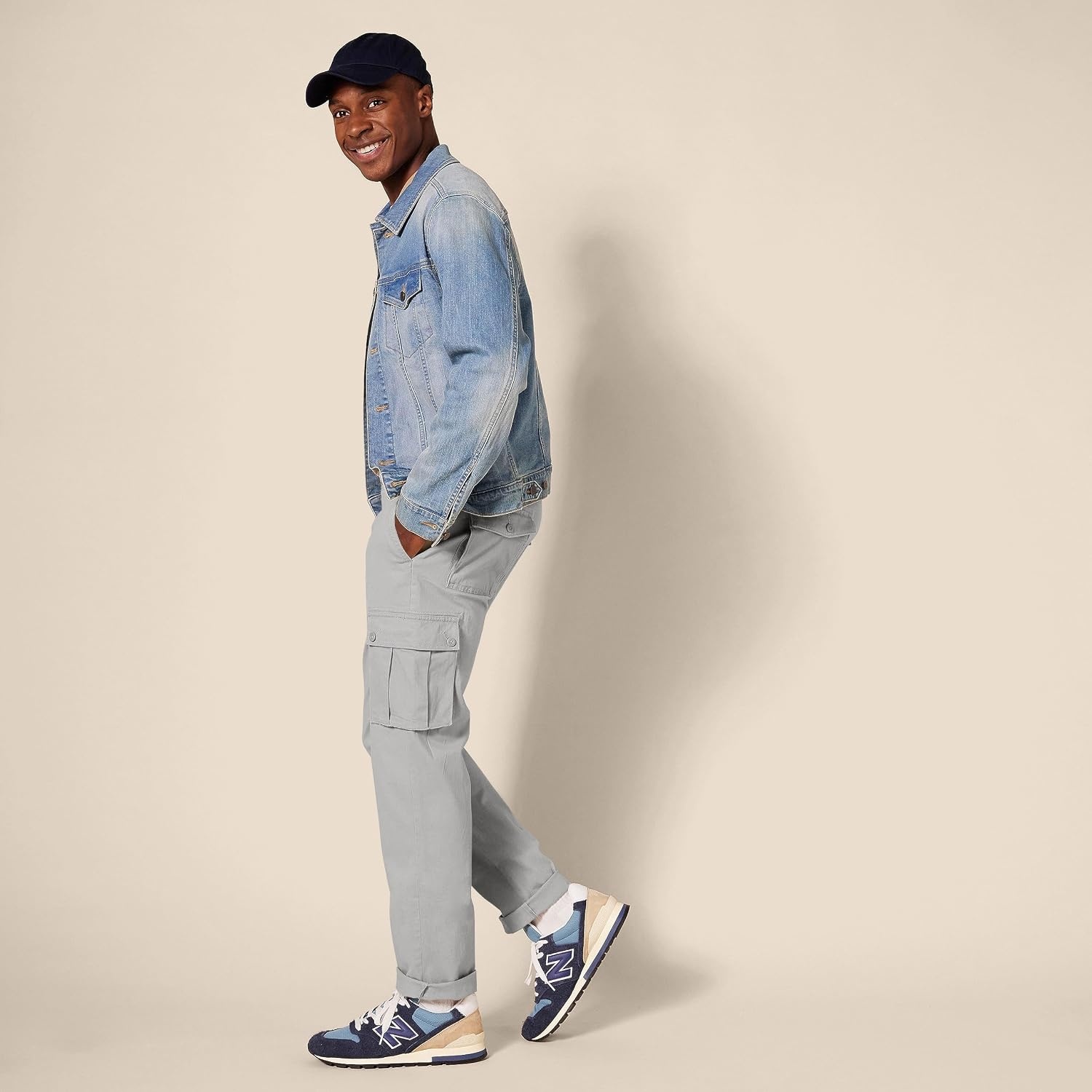 image:imageAmazon Essentials Mens SlimFit Stretch Cargo Pants with Tapered LegLight Grey